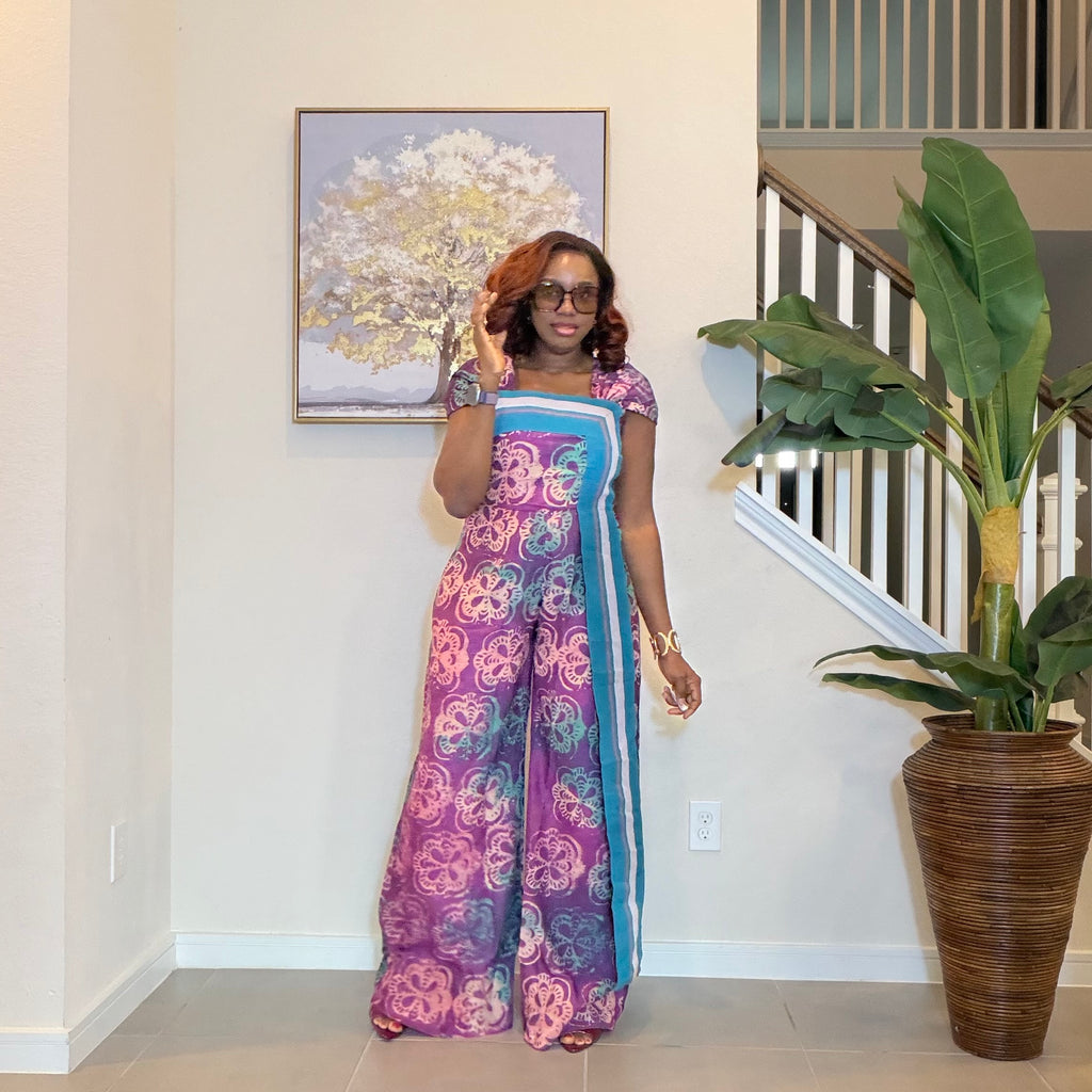 Adire Floral Wide-Leg Jumpsuit with Aso Oke Detail
