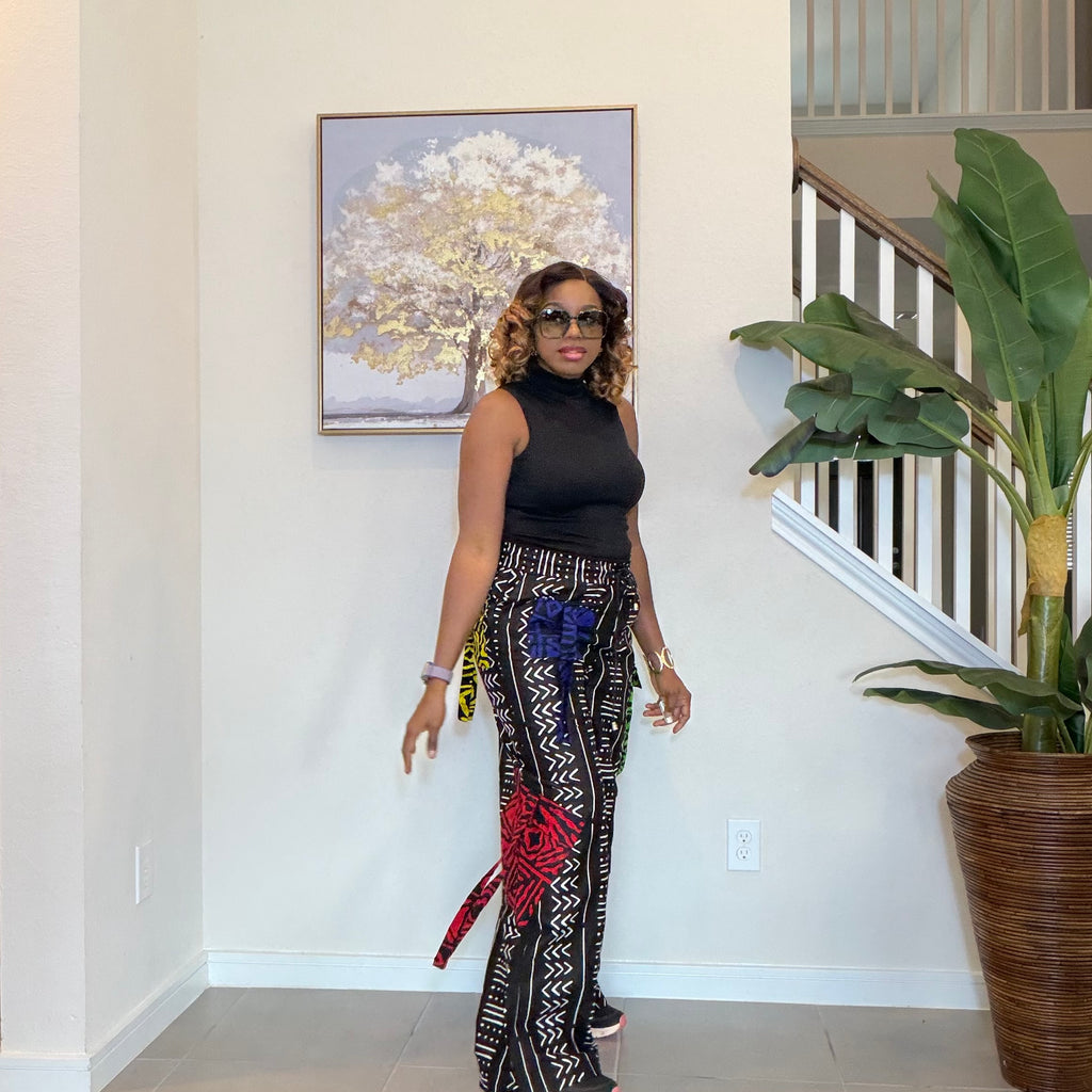 Ankara Wide-Leg Trousers, Black and White with color patch, African Print High Waist Pants