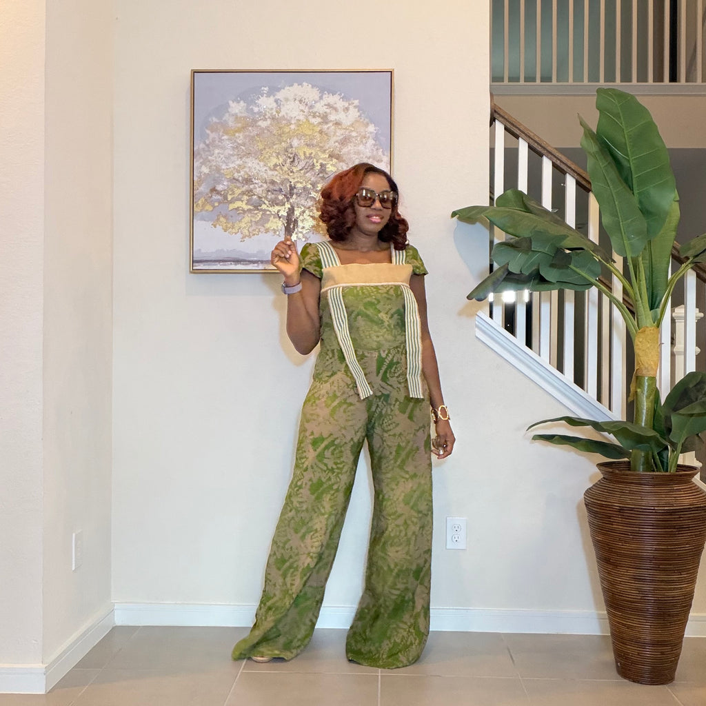 African Adire Jumpsuit with Aso Oke, Green Adire Jumpsuit, Wide‑Leg One‑Piece