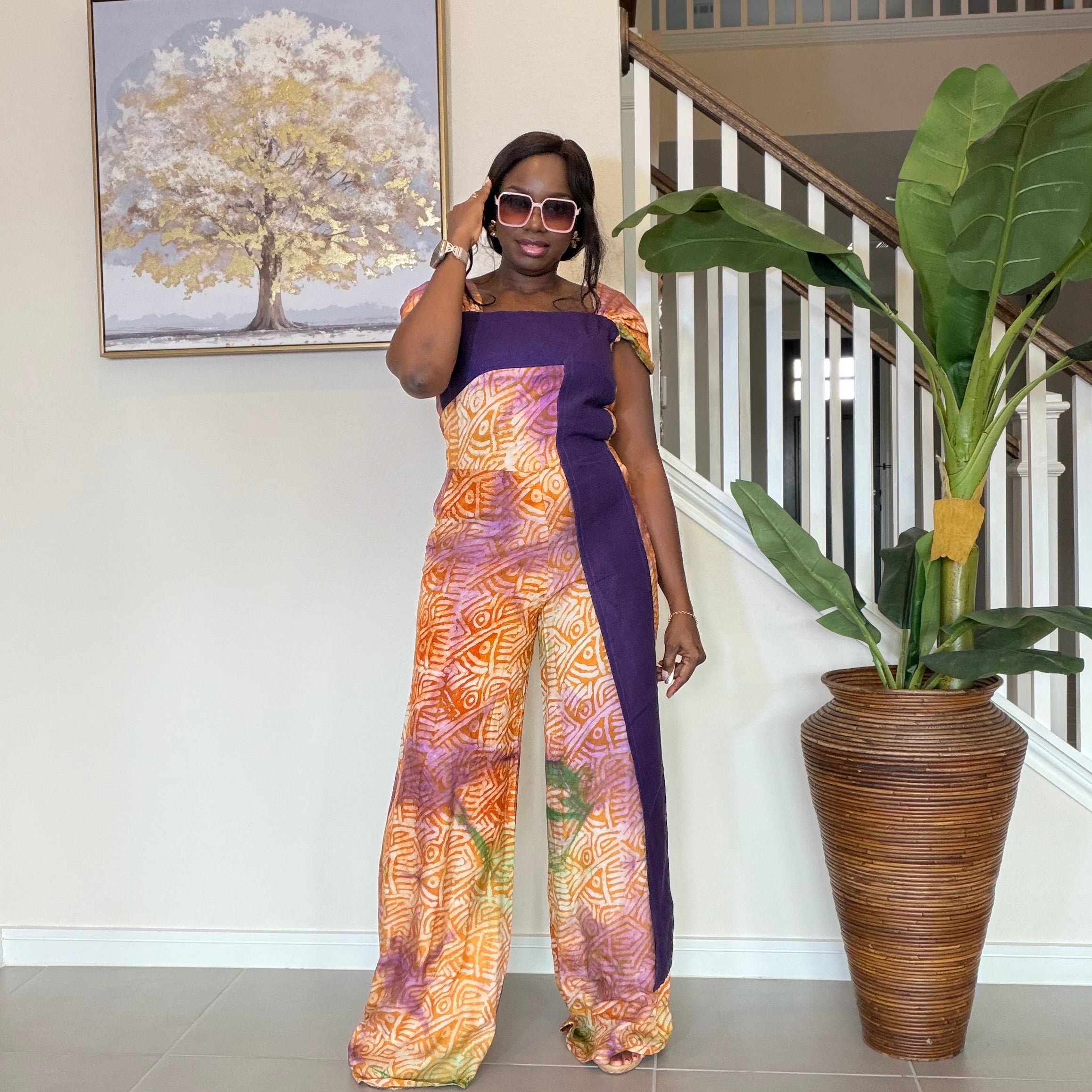 Adire Floral Wide-Leg Jumpsuit with Aso Oke Detail