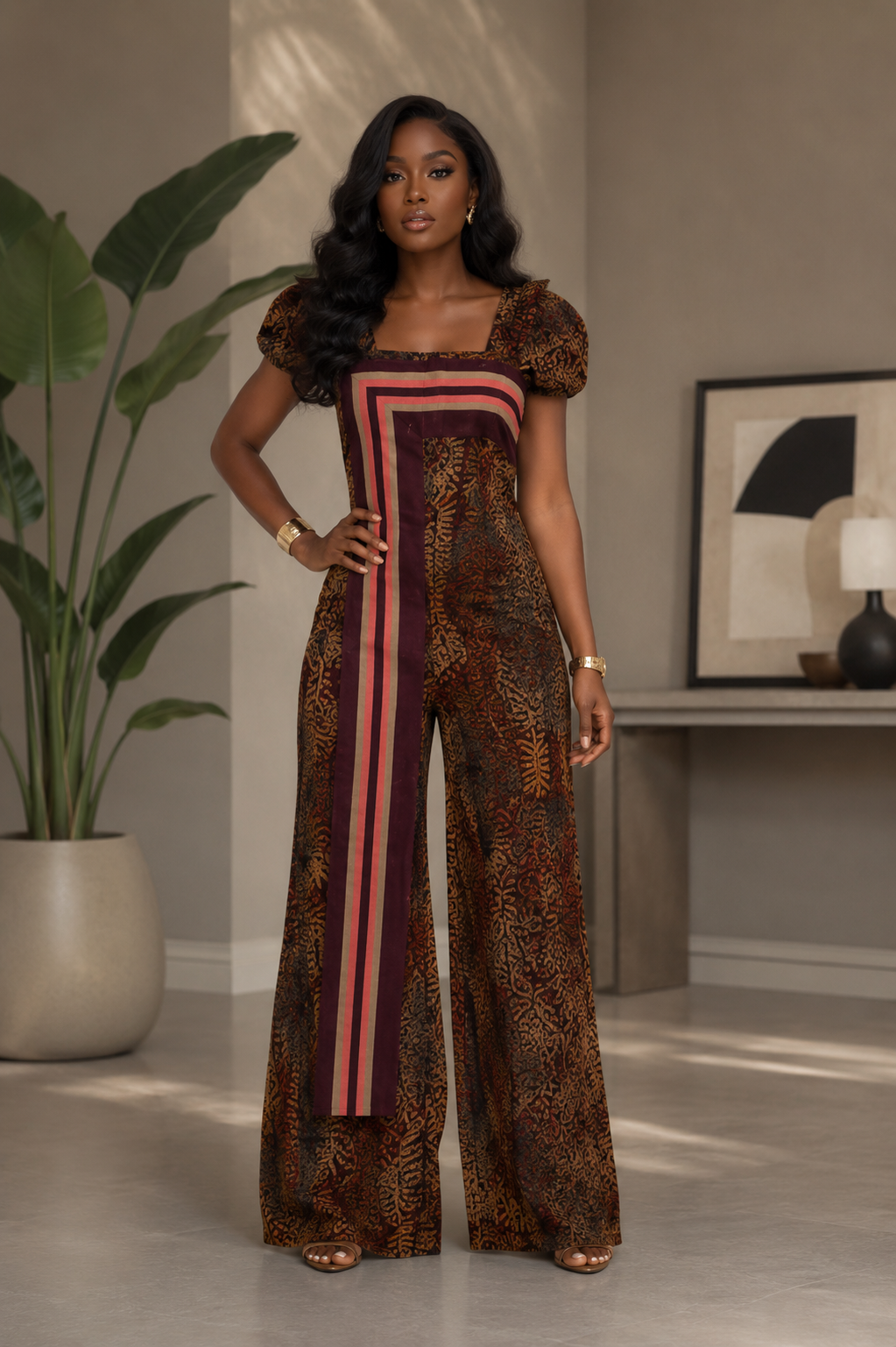 Elegant Adire Batik Crepe Jumpsuit ,Features Handwoven Aso Oke Contrast Panel.