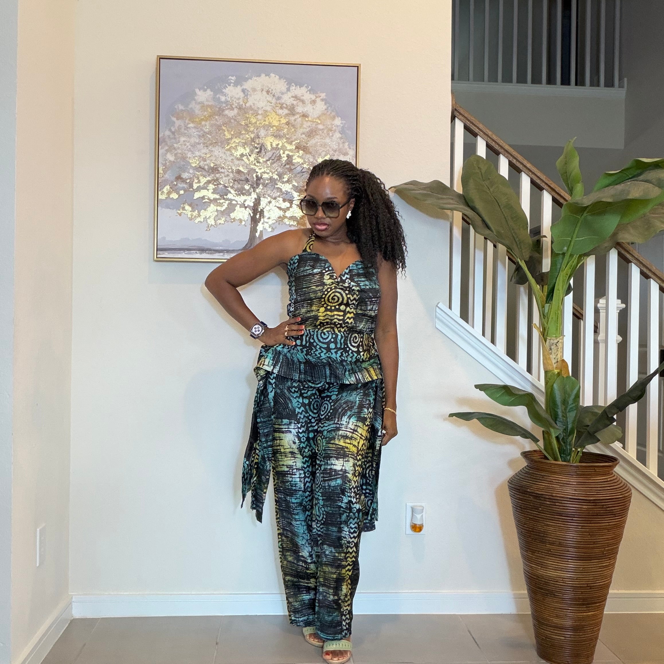 Adire Halter Neck Jumpsuit, African Batik Print One Piece Jumpsuit