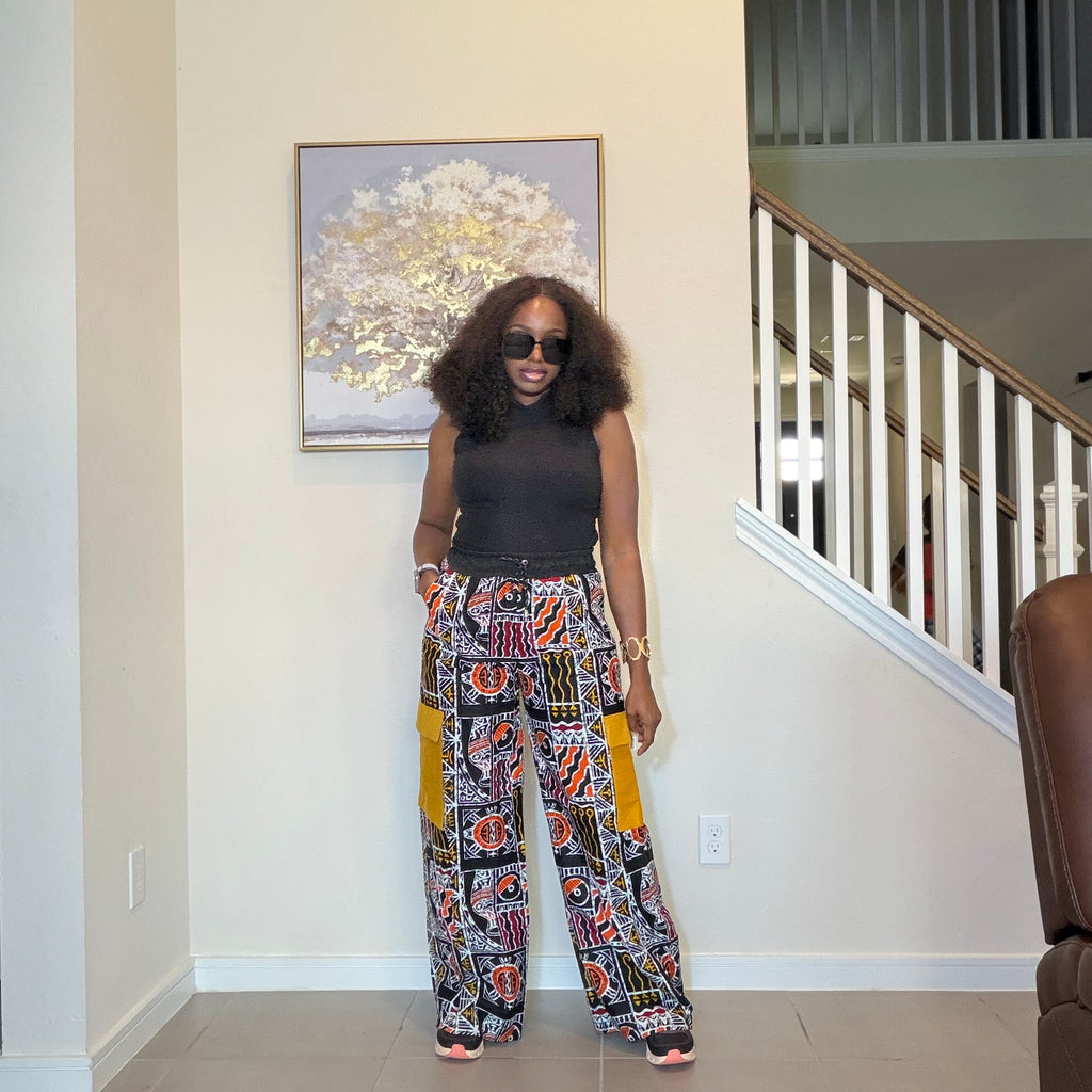 Ankara Wide Leg Cargo Trousers with Mustard Yellow Aso Oke Pockets