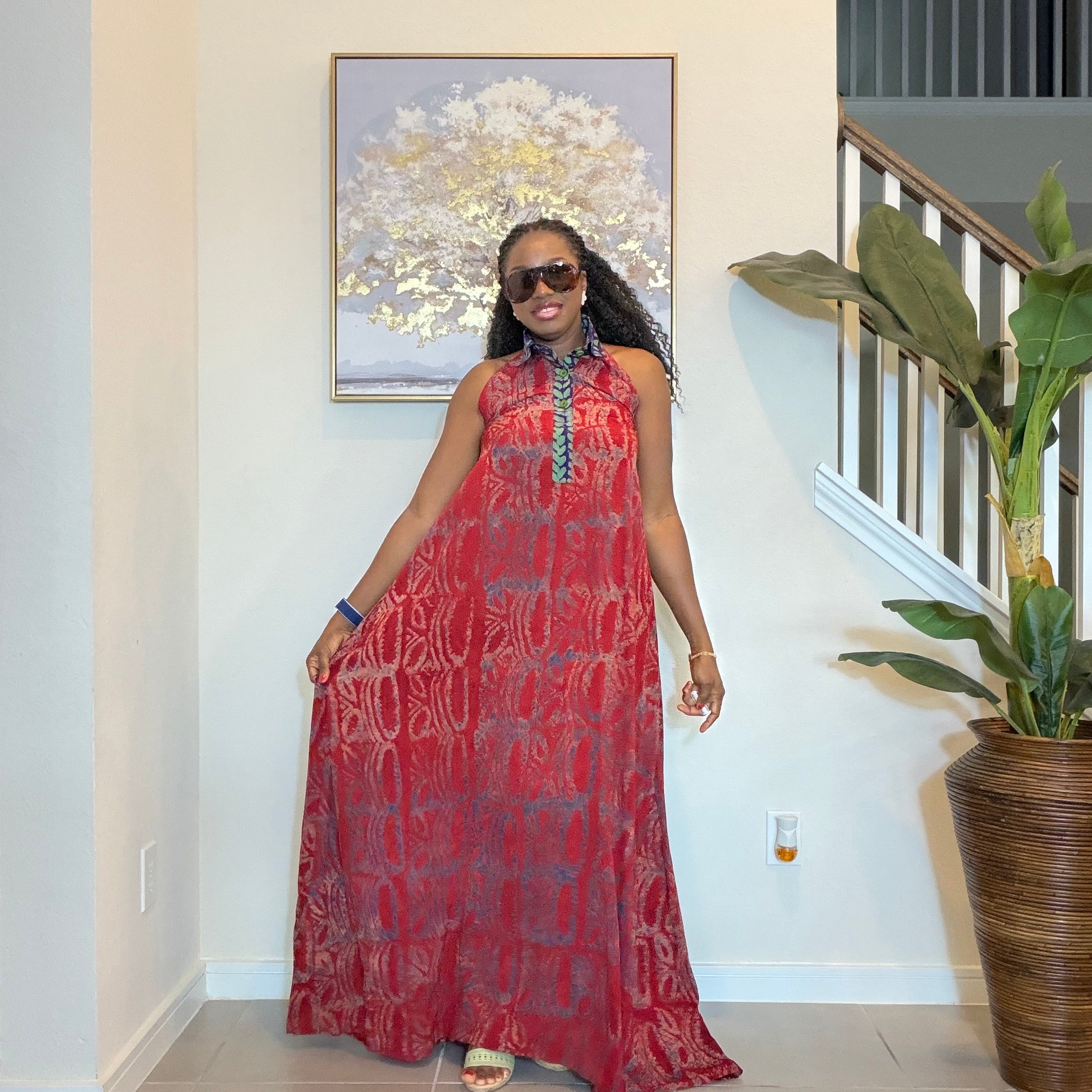 Hand-Dyed Adire Crepe Halter Maxi Dress.