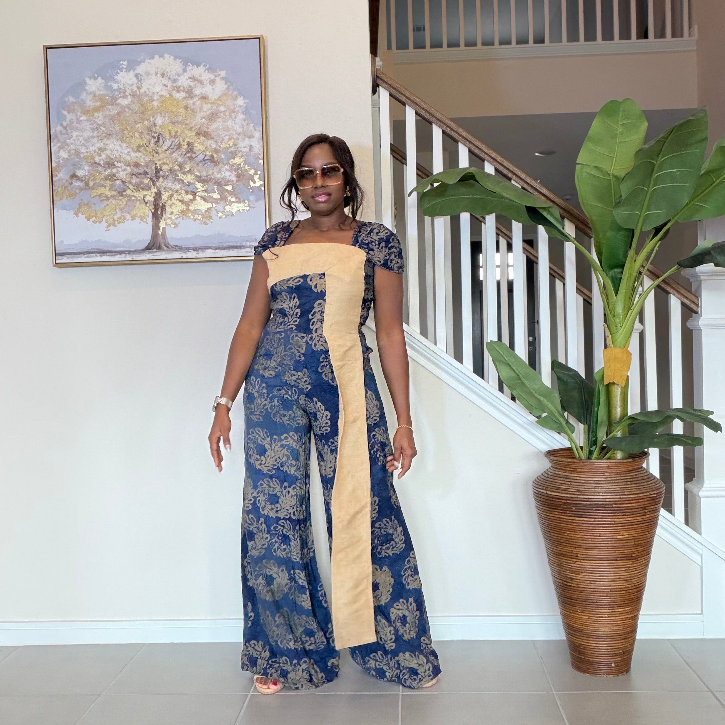 Blue Adire Floral Wide-Leg Jumpsuit with Aso Oke Detail