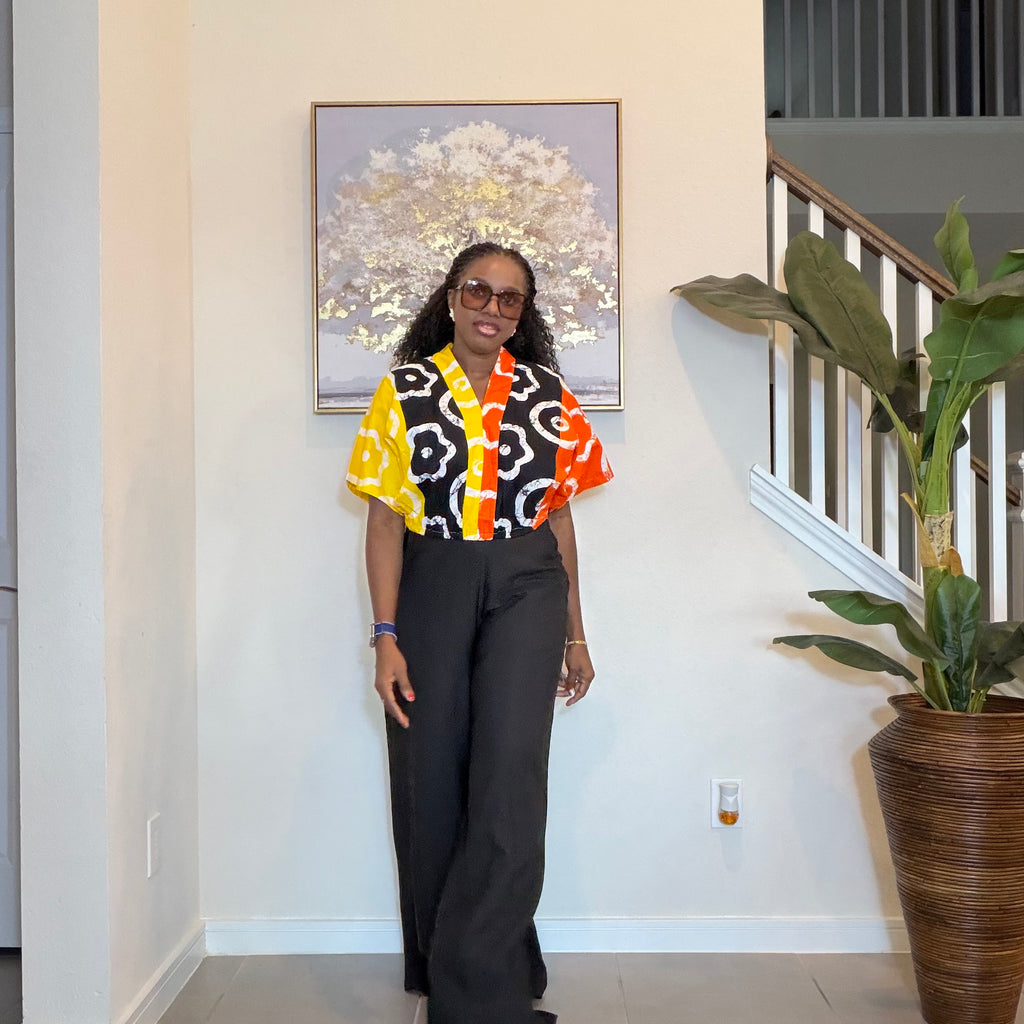 Cropped Ankara V-Neck Top with Black Wide-Leg Pants