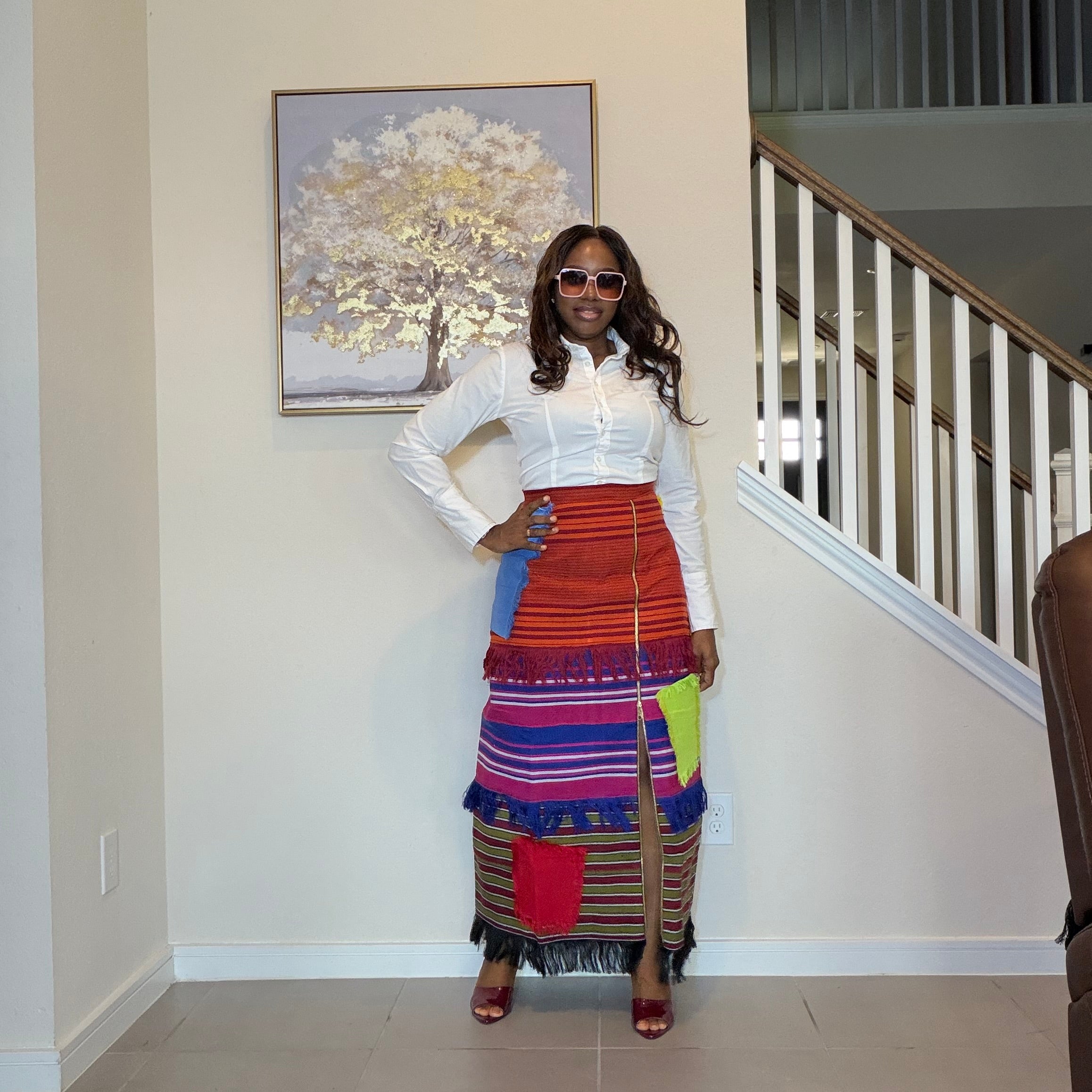 Colorful African Aso Oke Fringe Skirt, Handmade Aso Oke Patchwork Skirt