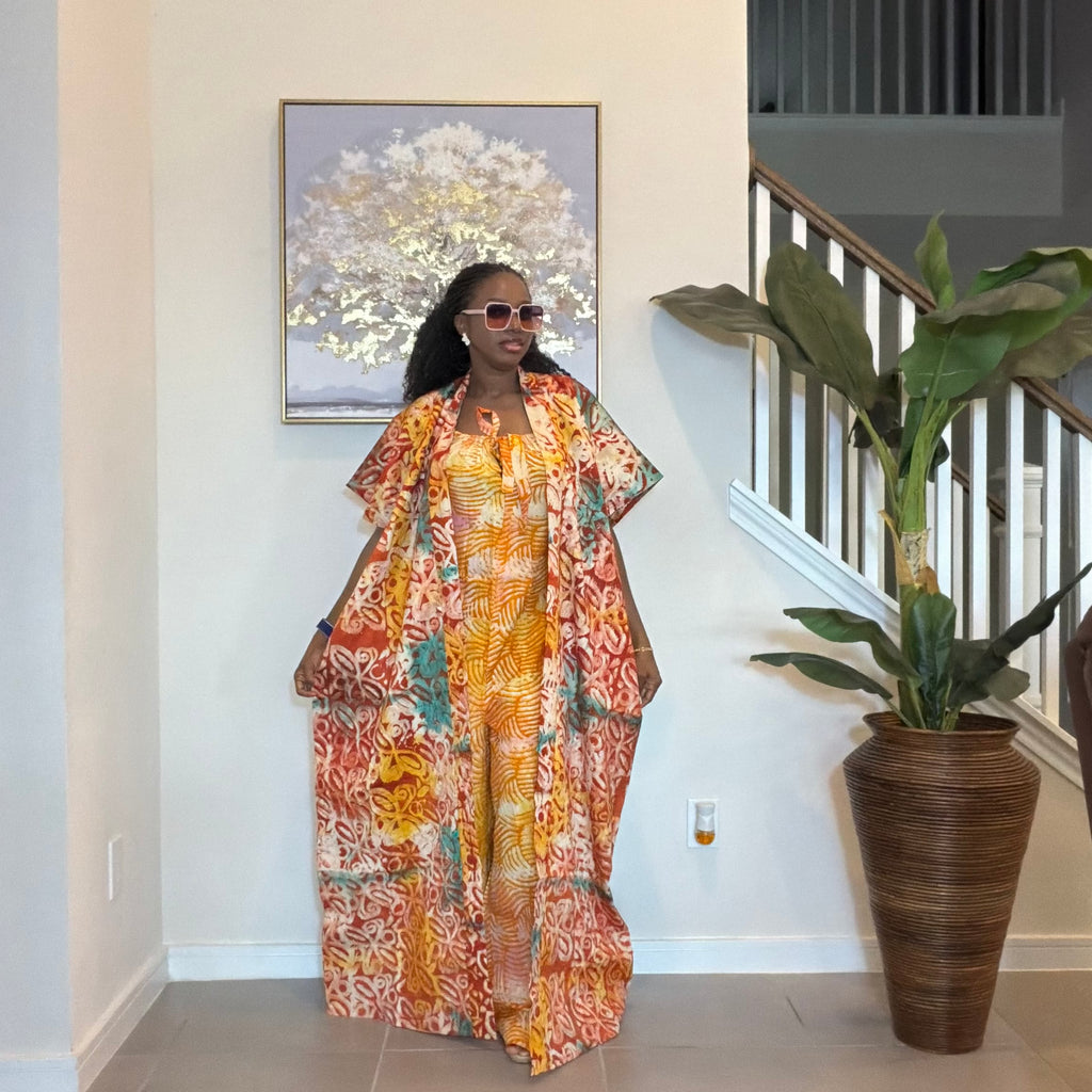 2-Piece Adire Crepe Jumpsuit and Maxi Kimono Set