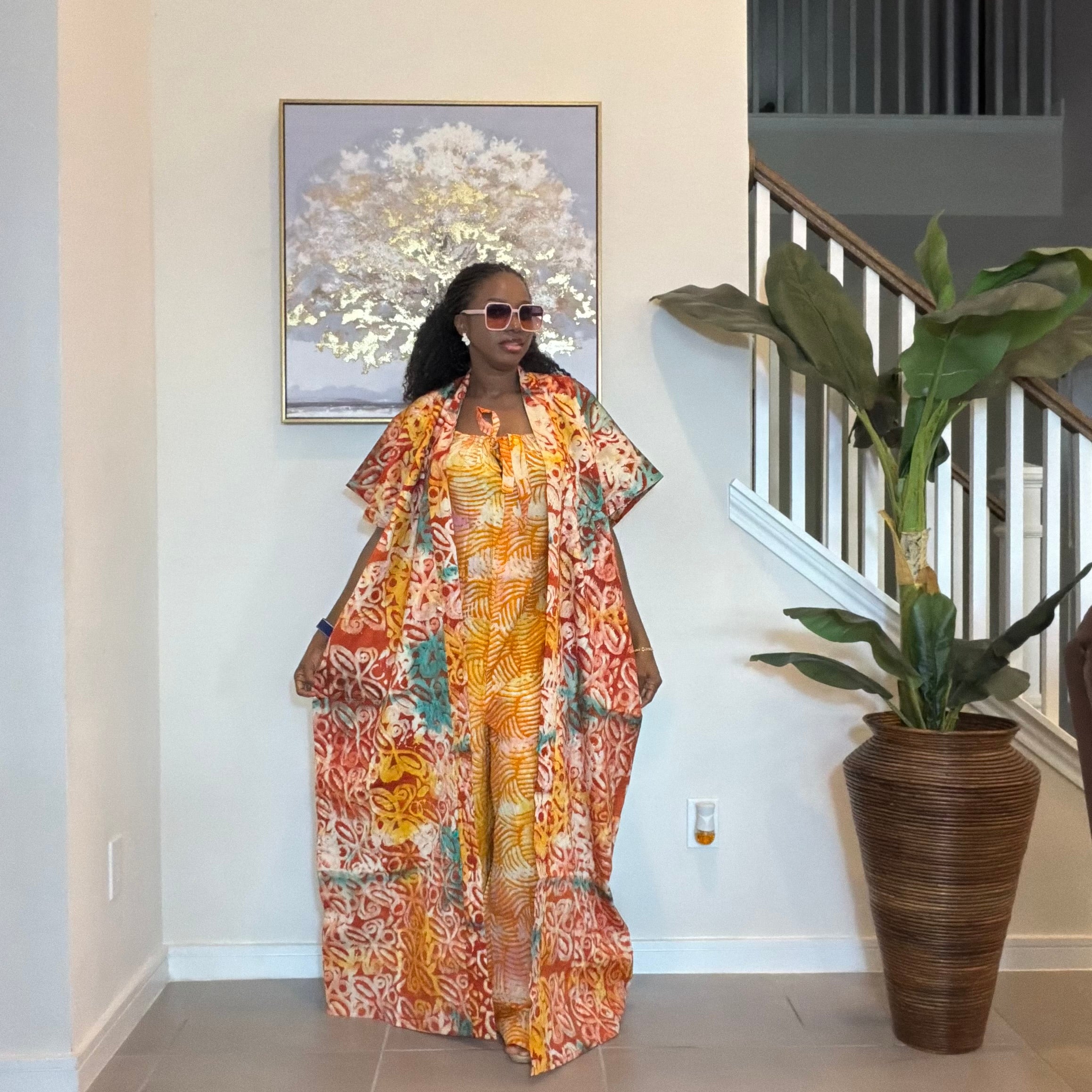 2-Piece Adire Crepe Jumpsuit and Maxi Kimono Set