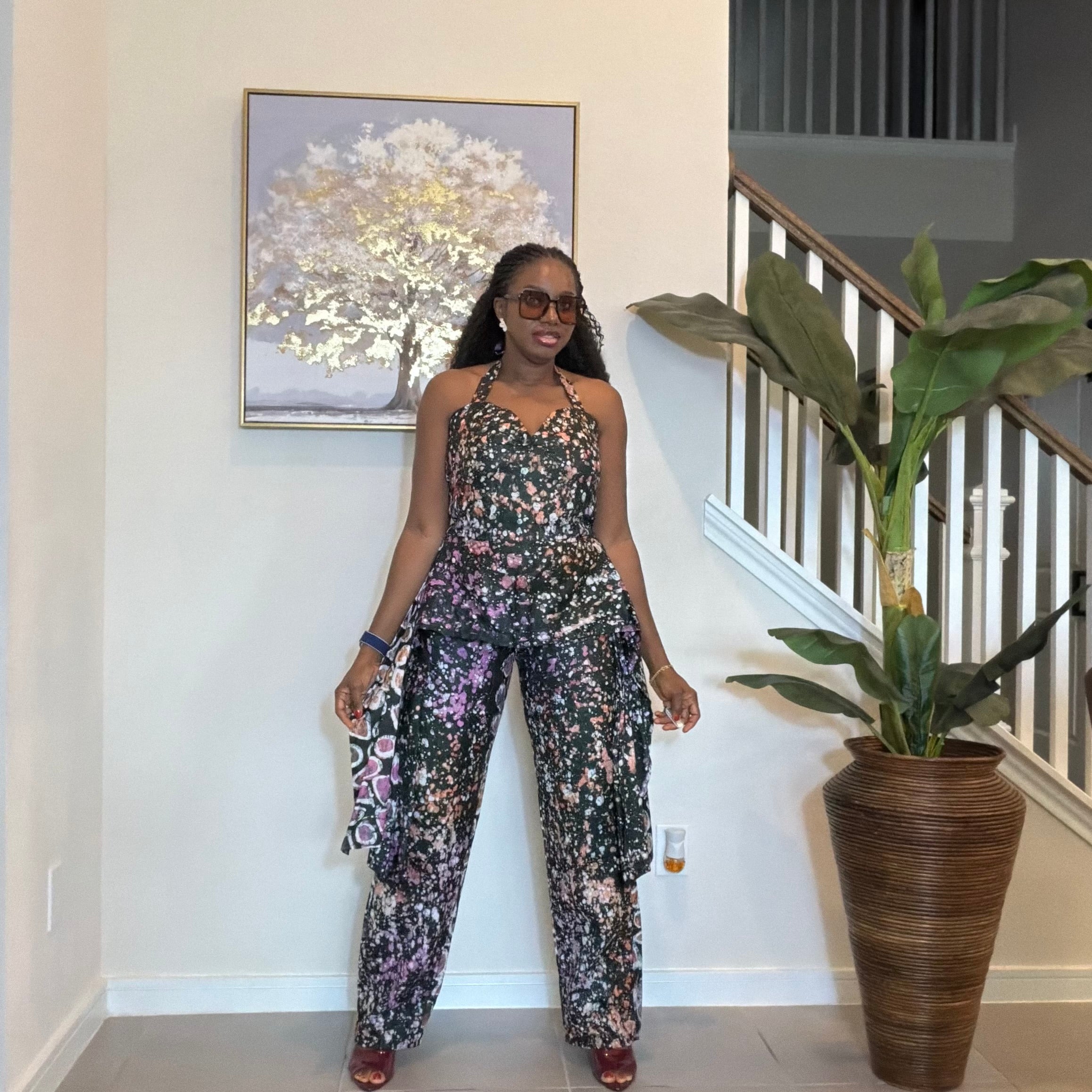 Handmade Adire Batik Tie-Neck Halter Jumpsuit