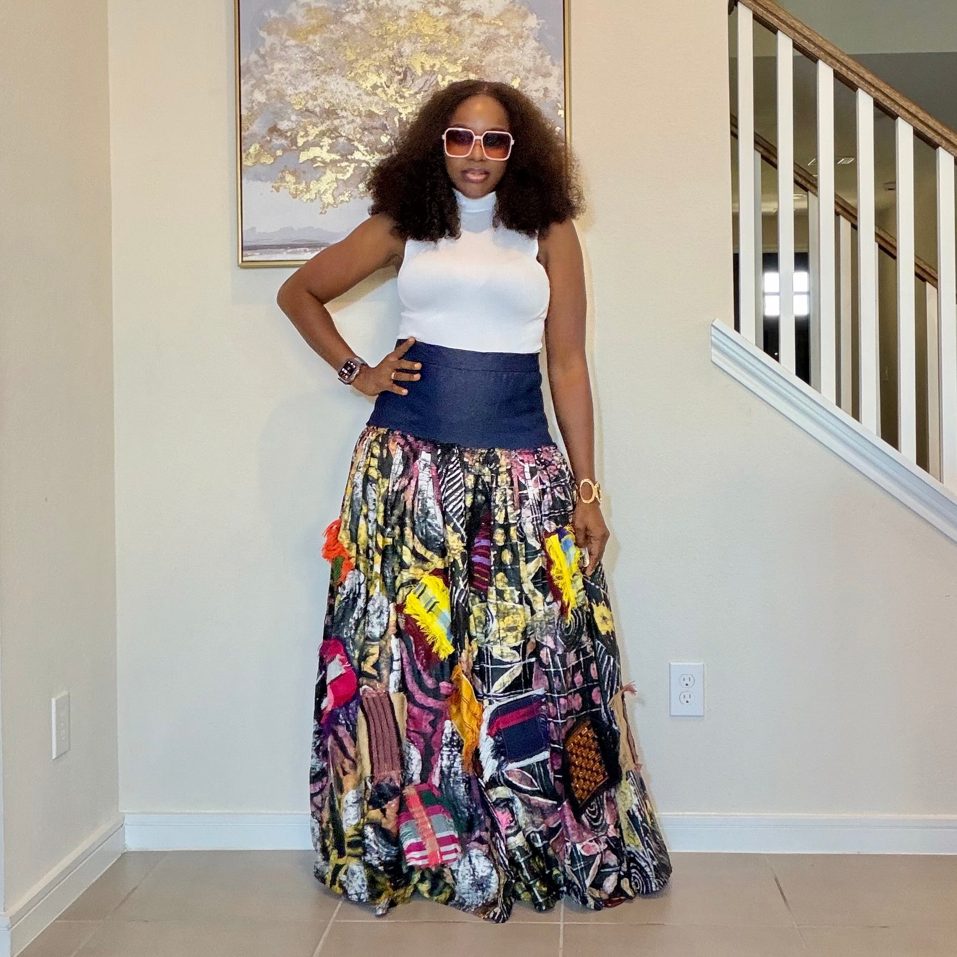 Adire Batik Maxi Skirt with Aso Oke Patchwork, High-Waisted African Print Maxi Skirt