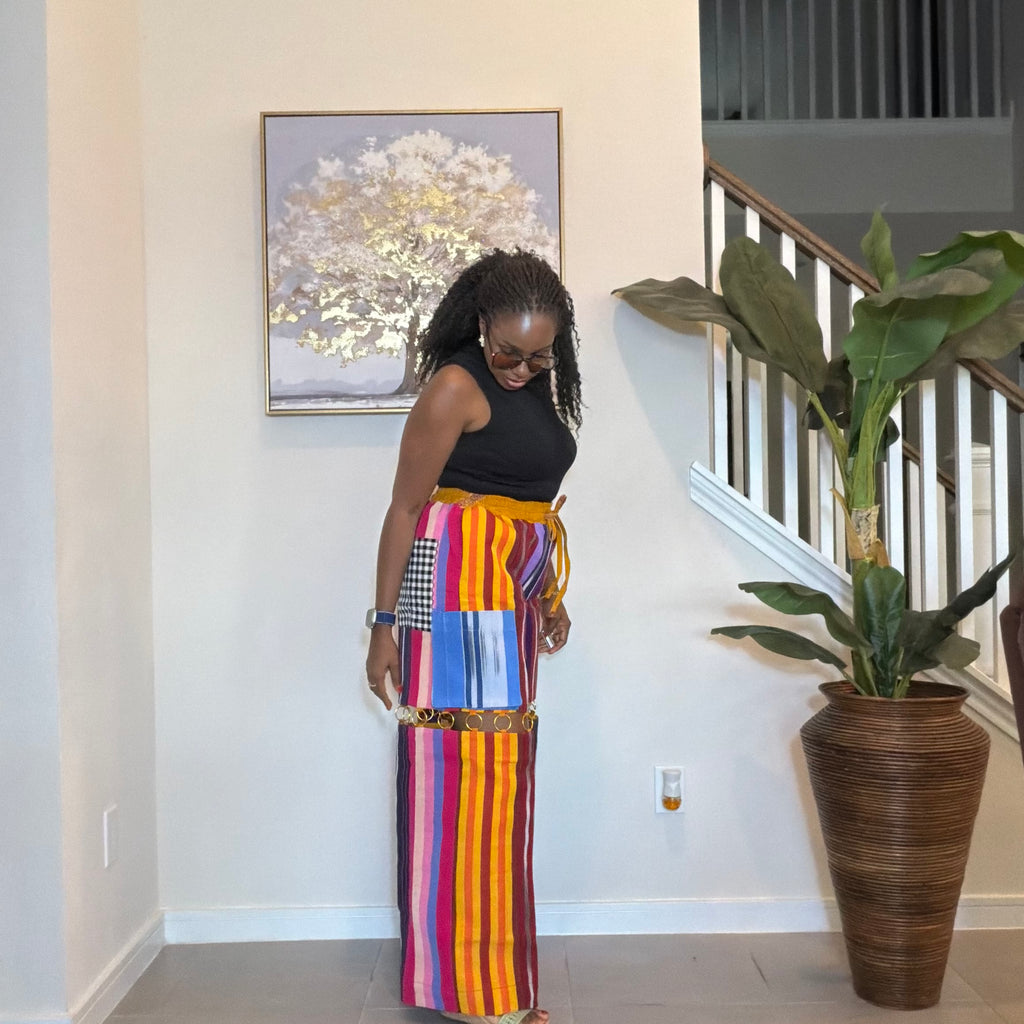 Handmade Aso Oke Wide-Leg Pants with Metal Ring Detail