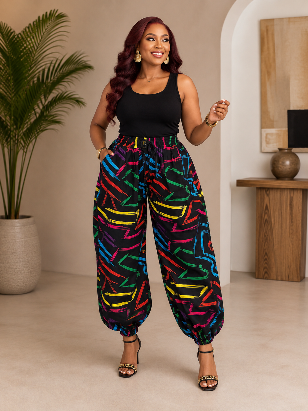 Vibrant Abstract Print Ankara Pants with Elastic Cuffs & Pockets