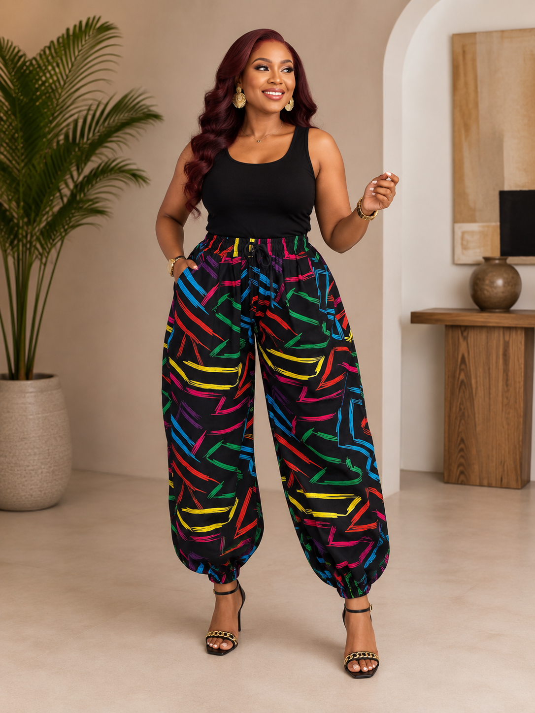 Vibrant Abstract Print Ankara Pants with Elastic Cuffs & Pockets