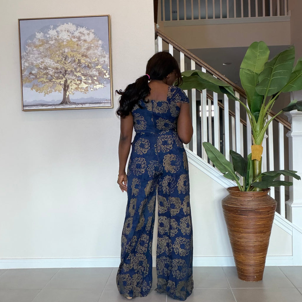 Blue Adire Floral Wide-Leg Jumpsuit with Aso Oke Detail