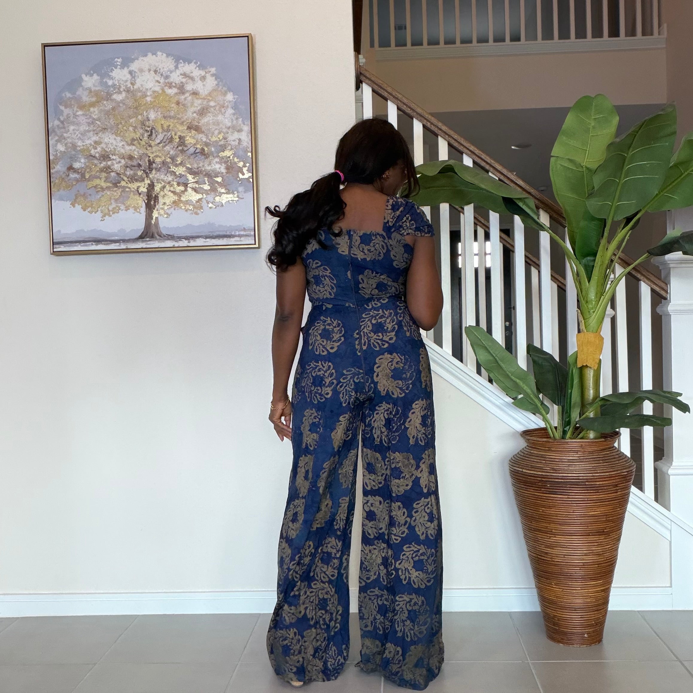 Blue Adire Floral Wide-Leg Jumpsuit with Aso Oke Detail