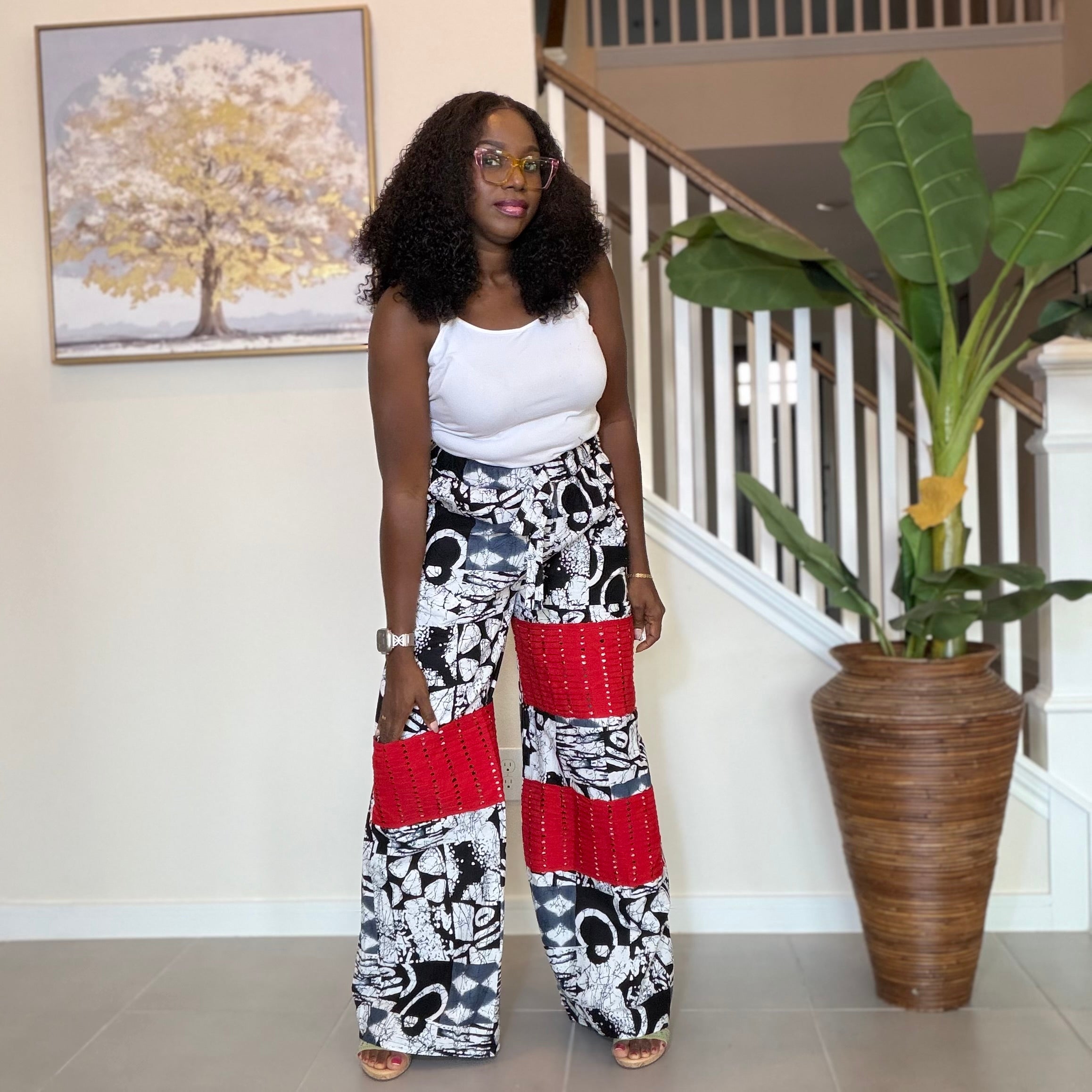African Patchwork Wide‑Leg Trousers with Aso Oke

---