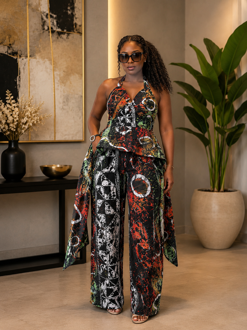 Adire Halter Neck Jumpsuit African Batik Print One Piece Jumpsuit