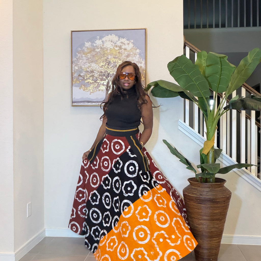 African Ankara Maxi Skirt, High Waist Skirt with Aso Oke Pockets