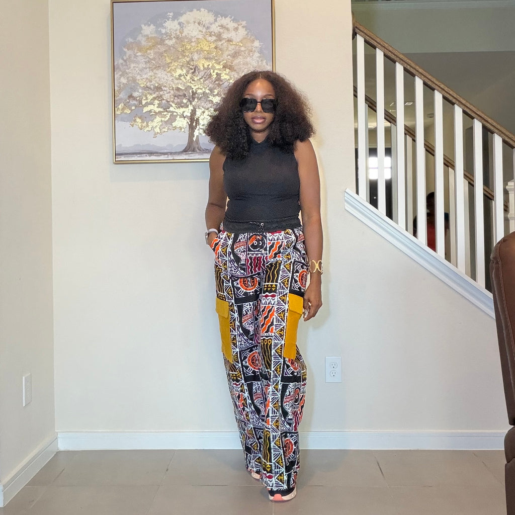 Ankara Wide Leg Cargo Trousers with Mustard Yellow Aso Oke Pockets