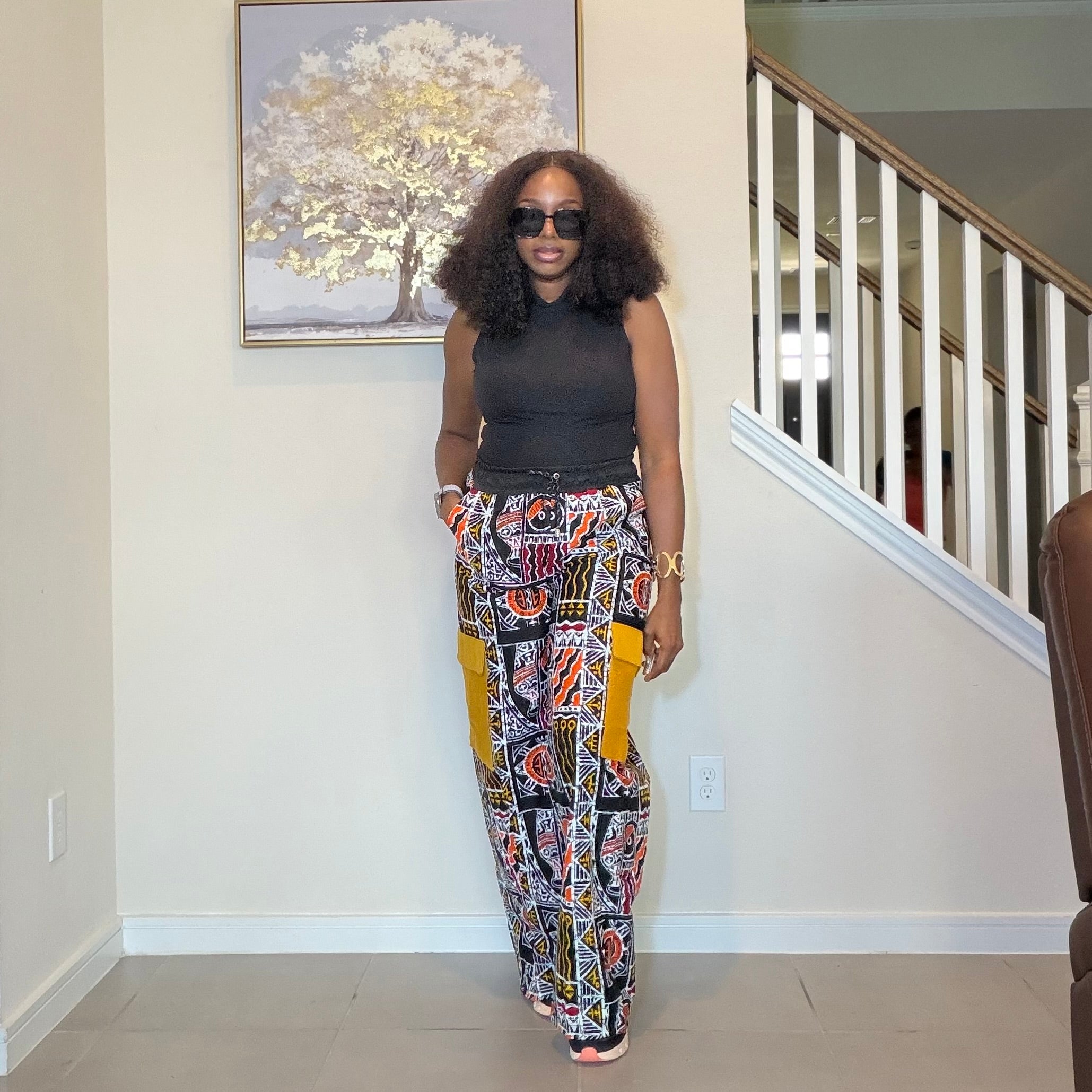 Ankara Wide Leg Cargo Trousers with Mustard Yellow Aso Oke Pockets