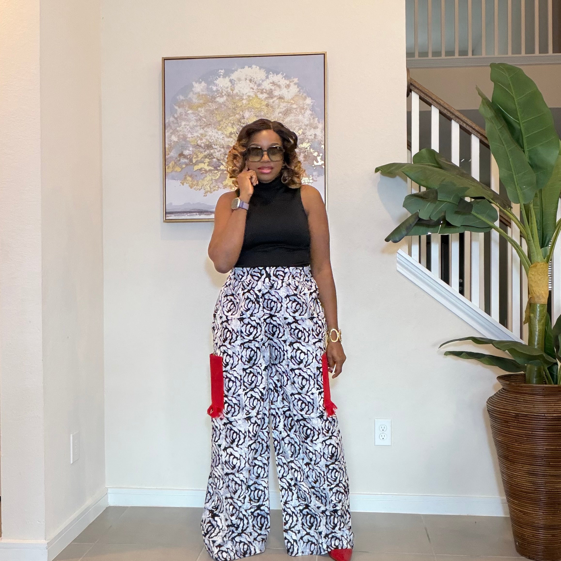 Ankara Wide‑Leg Pants with Aso Oke side pockets.