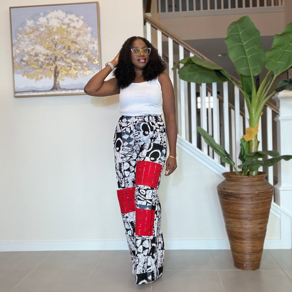 African Patchwork Wide‑Leg Trousers with Aso Oke

---