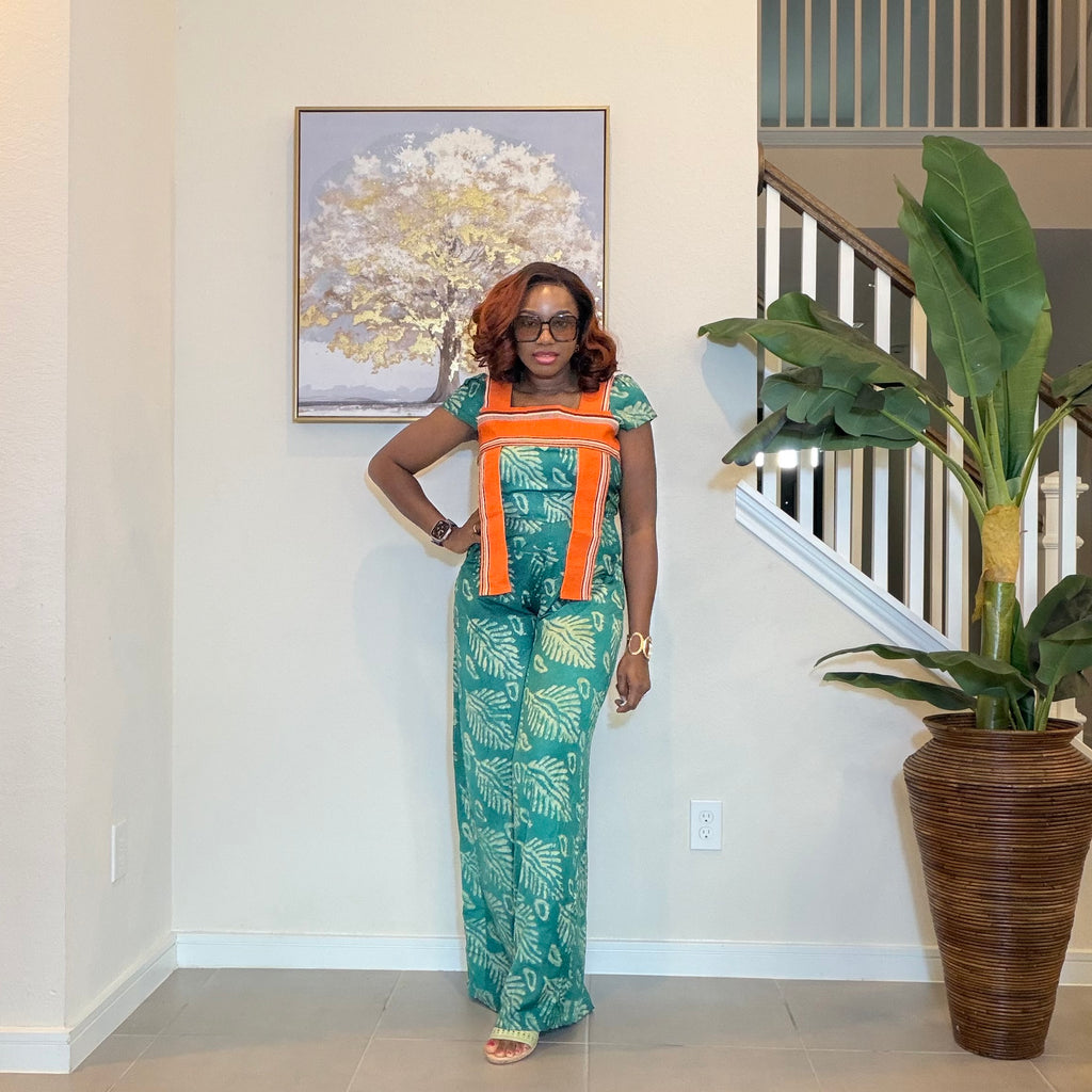 African Print Jumpsuit with Aso Oke, Green Leaf Adire Jumpsuit, Wide‑Leg One‑Piece