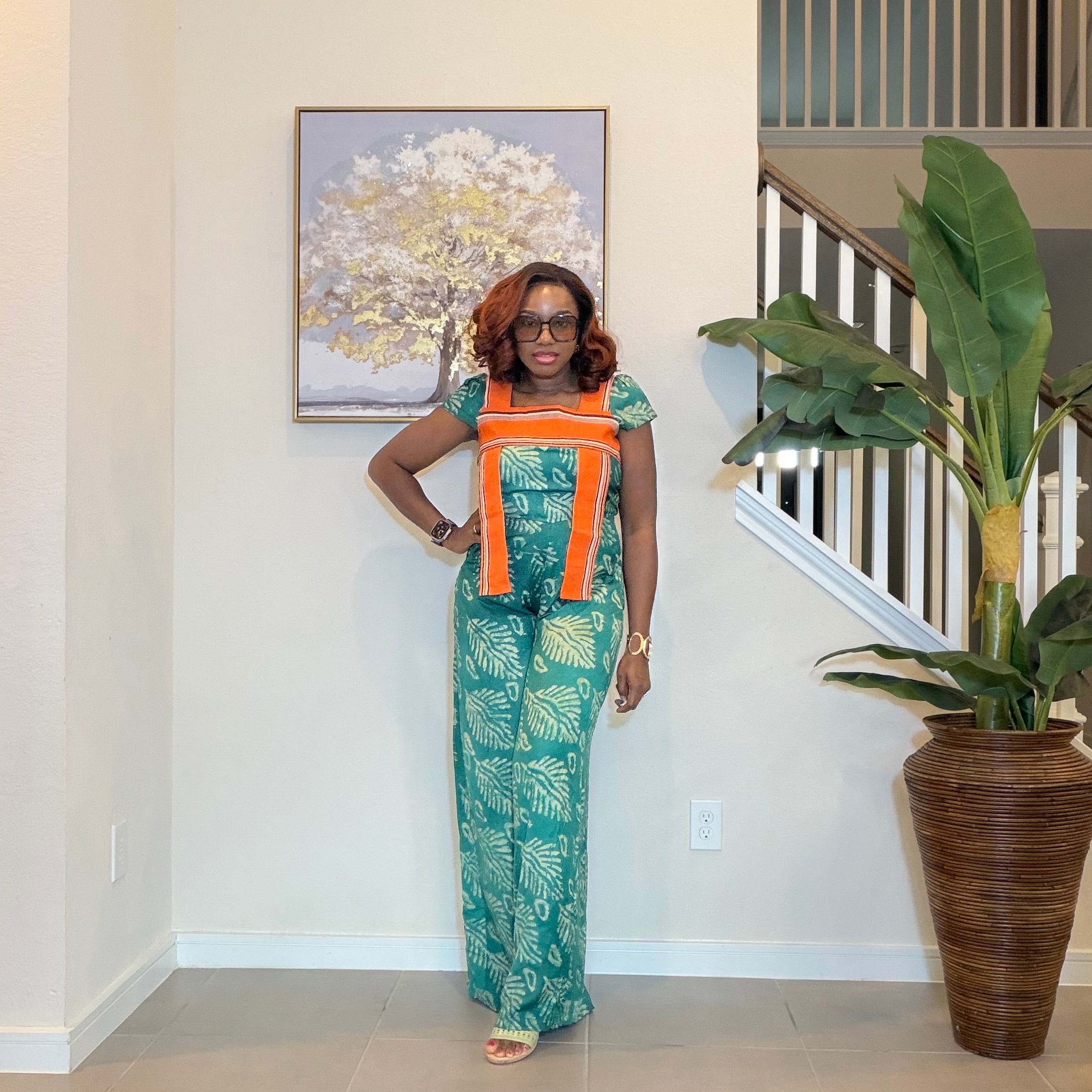 African Print Jumpsuit with Aso Oke, Green Leaf Adire Jumpsuit, Wide‑Leg One‑Piece