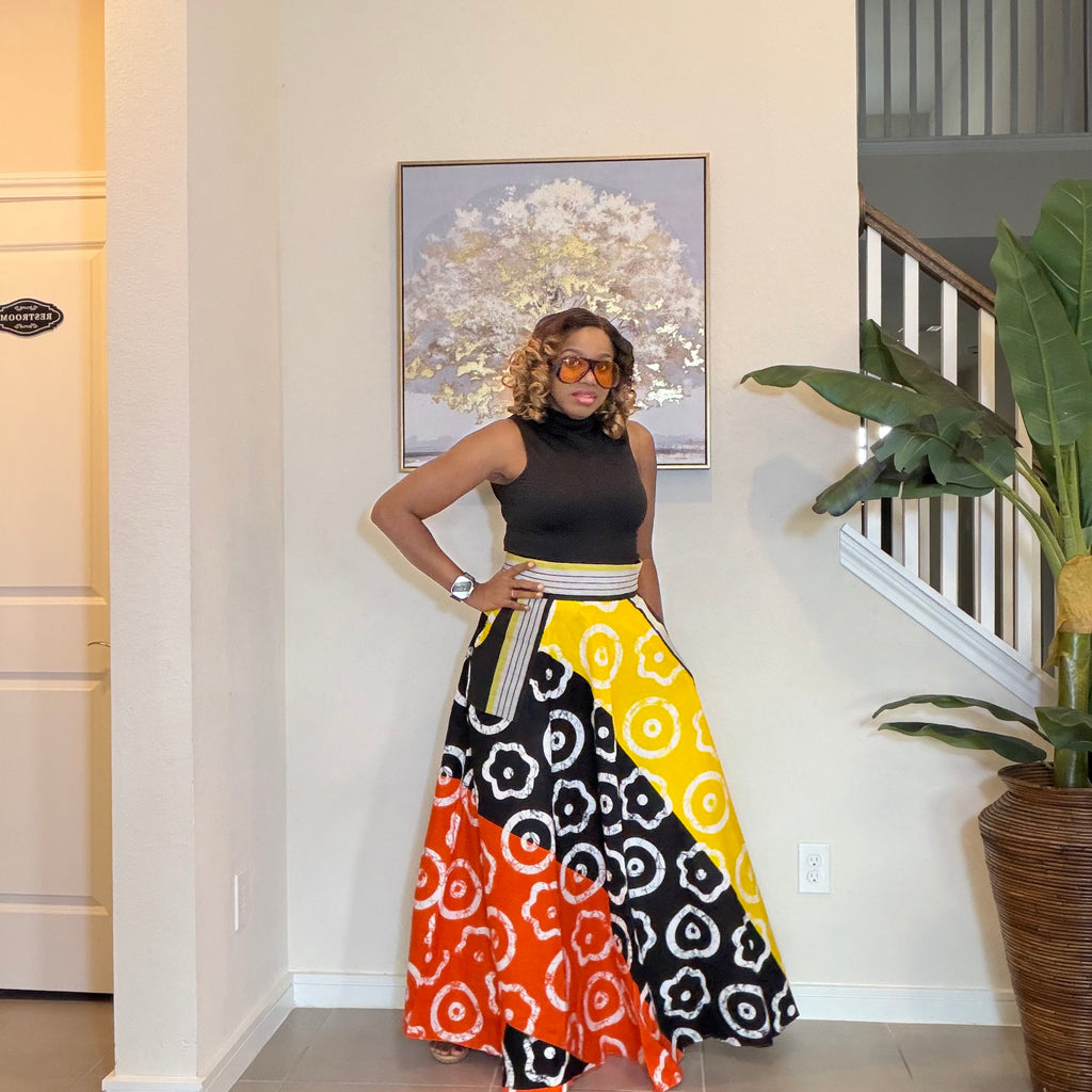 African Ankara Maxi Skirt, High Waist Skirt with Aso Oke Pockets