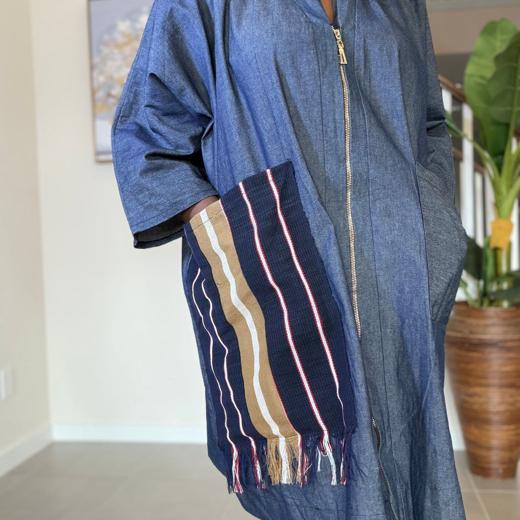 Zipped Denim Shift Dress with Statement Aso Oke Pocket and Back patch