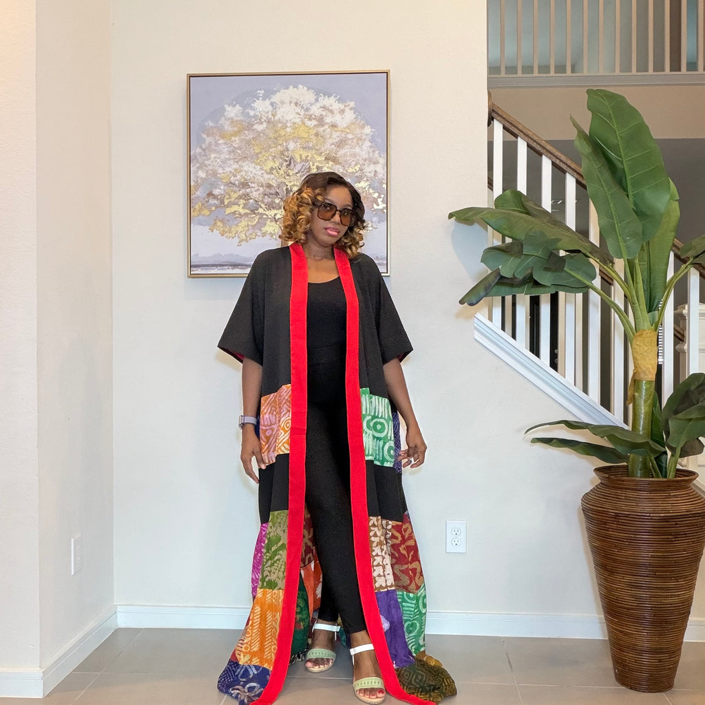 Multicolor Adire Kimono, Patchwork Long Kimono, Handmade African Fashion