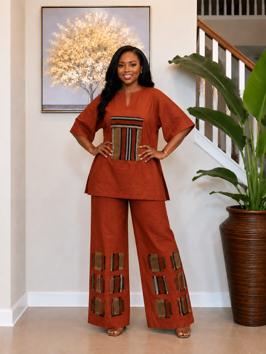 Linen Two Piece Set With Aso Oke Patch