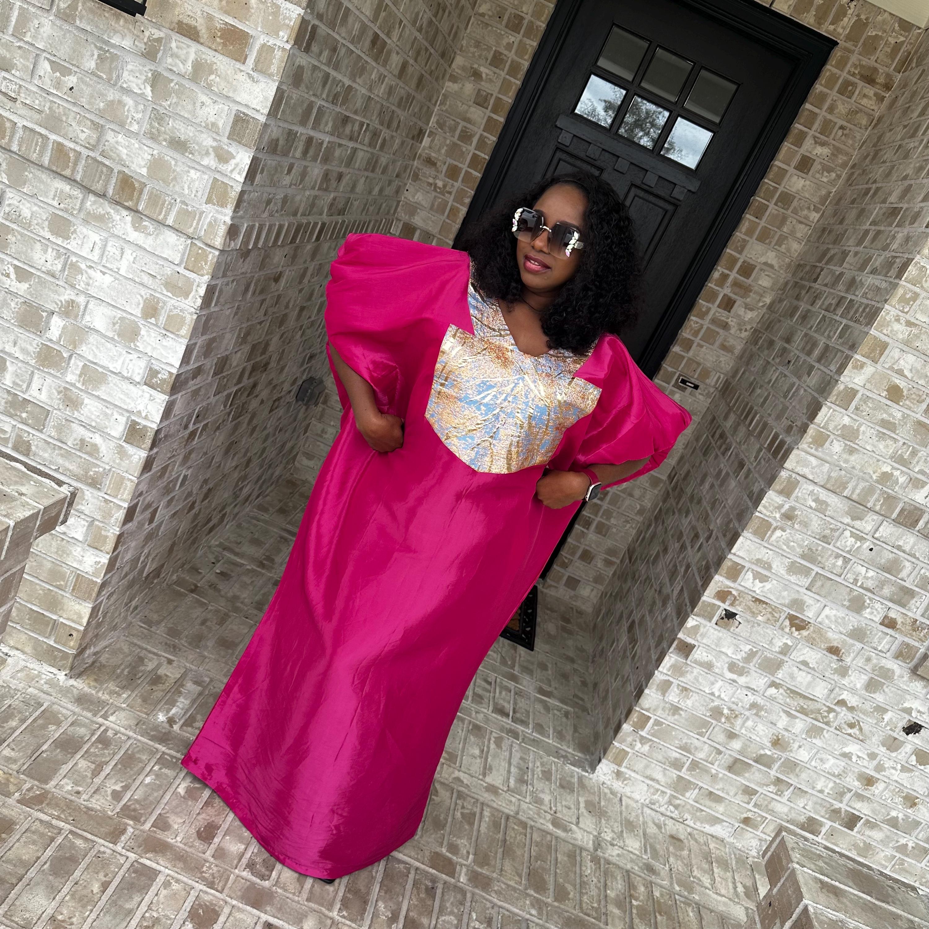 Pink Tafita Boubou Dress: Damask Patch Kaftan