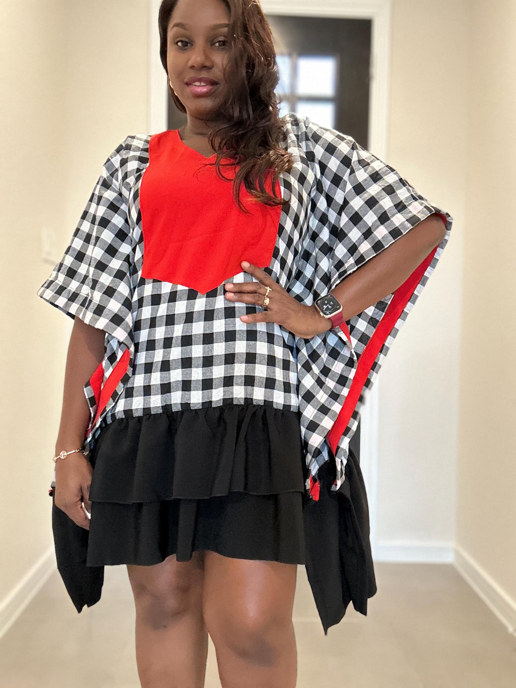 Checkered Short Dress: Red Patch, Relaxed Silhouette