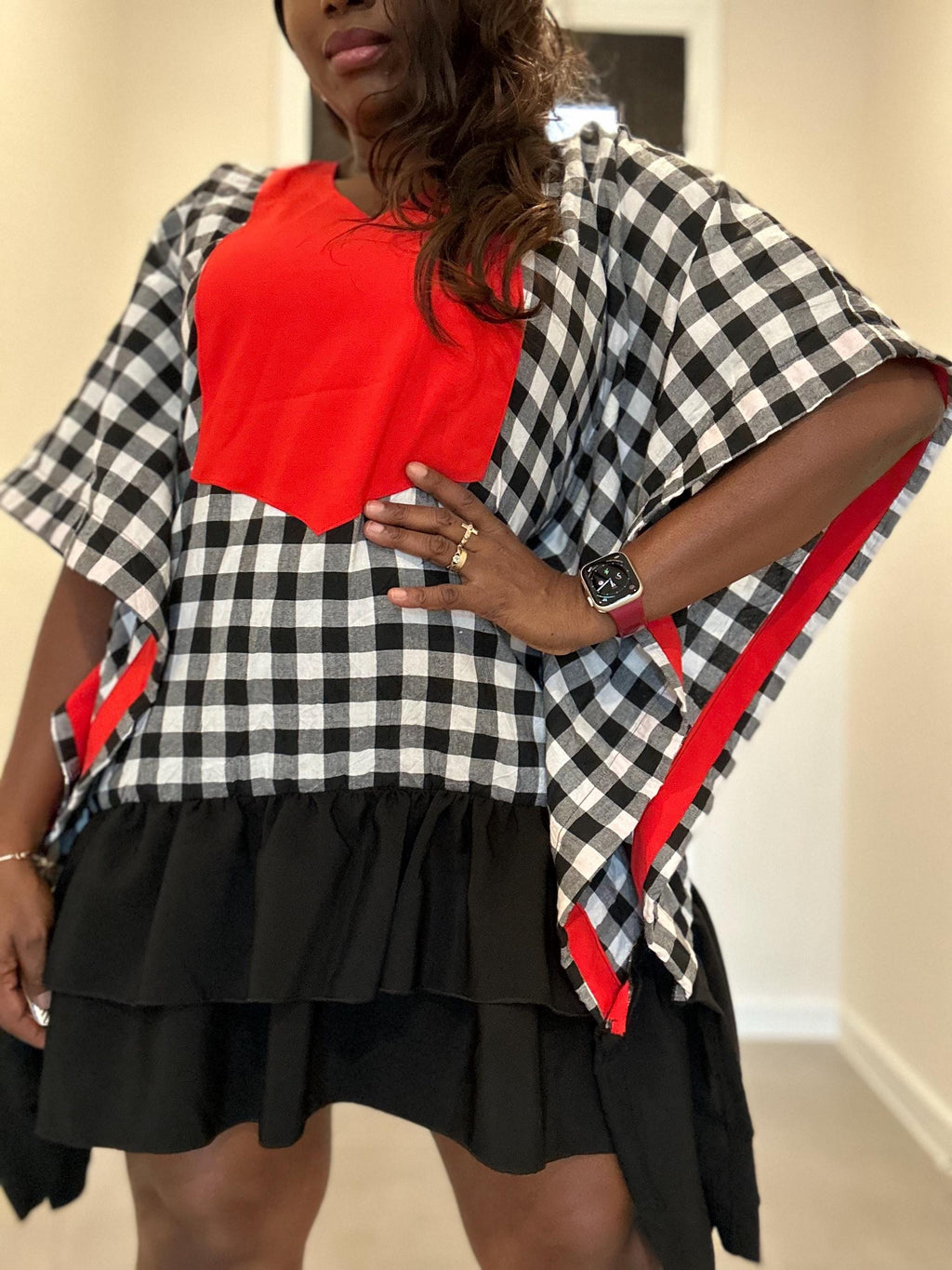 Checkered Short Dress: Red Patch, Relaxed Silhouette