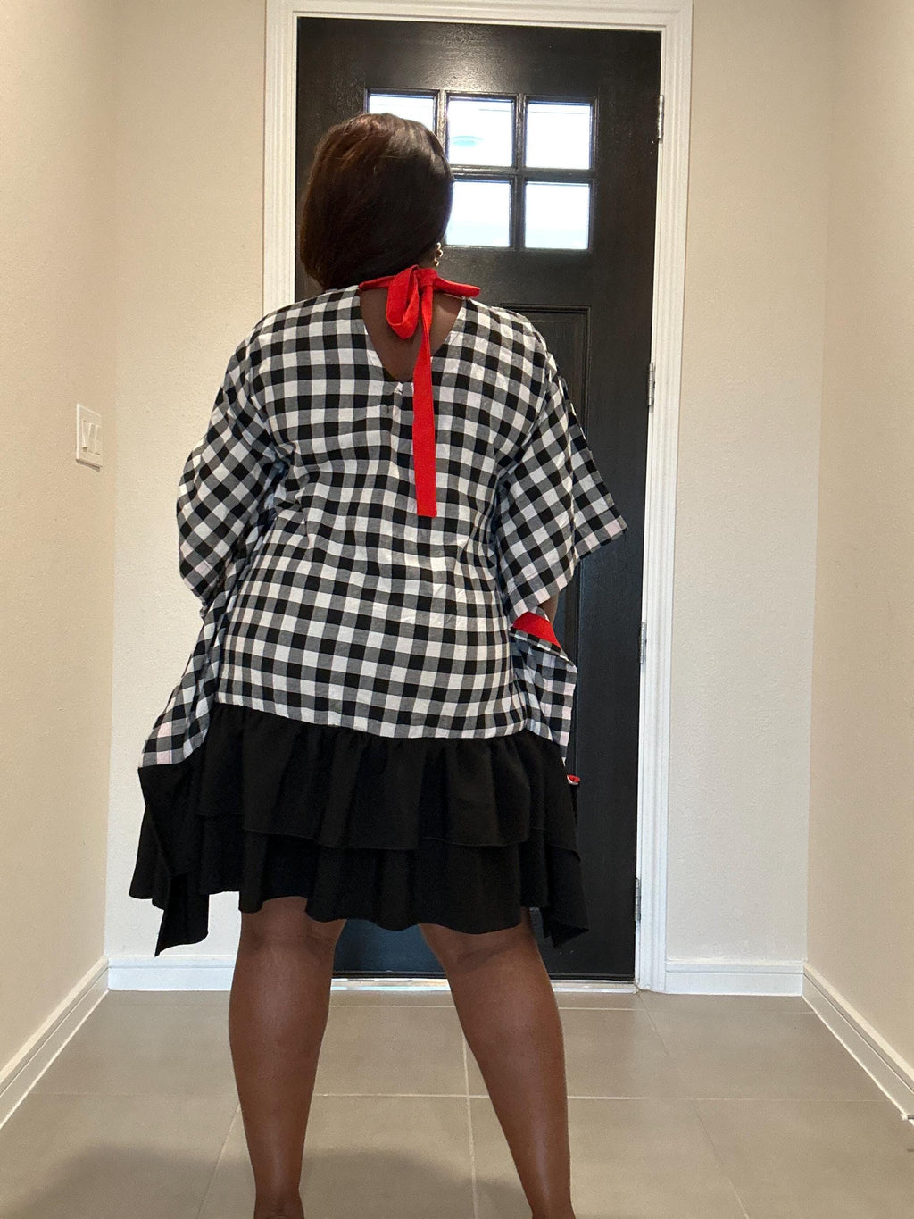 Checkered Short Dress: Red Patch, Relaxed Silhouette