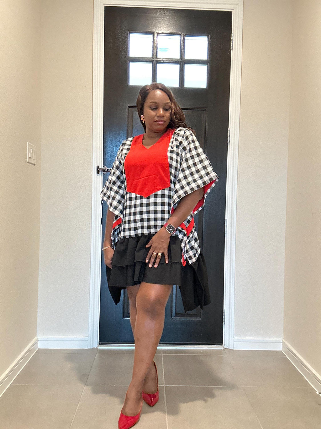 Checkered Short Dress: Red Patch, Relaxed Silhouette