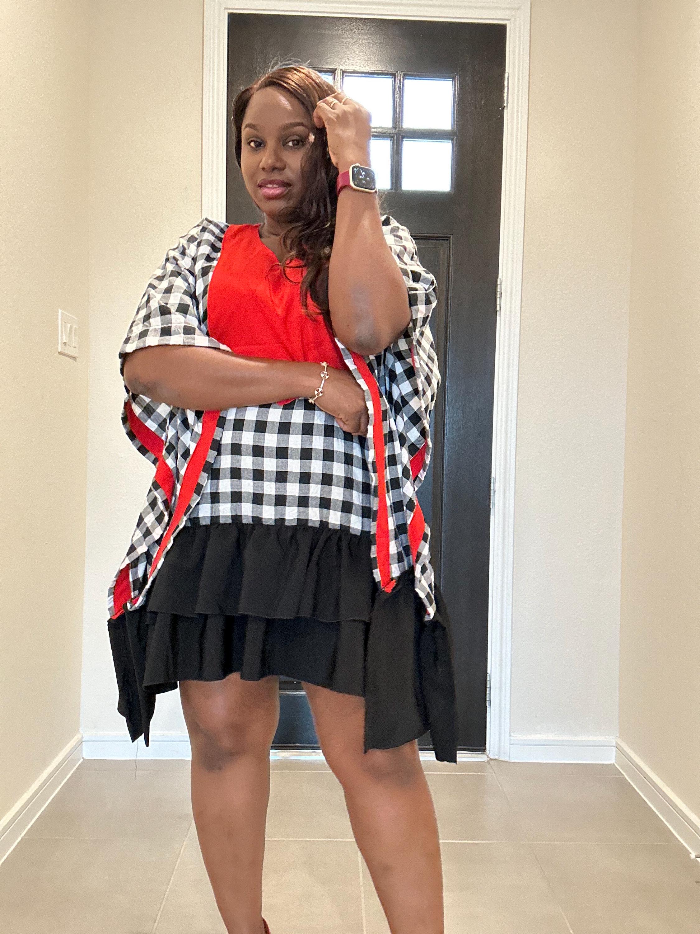 Checkered Short Dress: Red Patch, Relaxed Silhouette