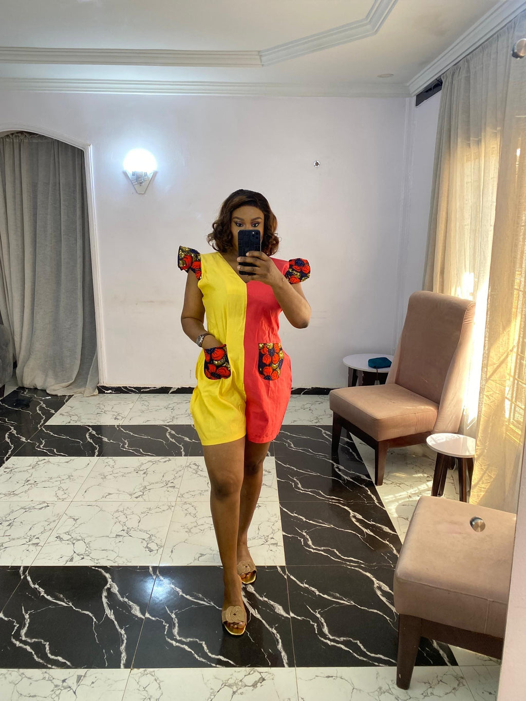 Linen colorful playsuit with Ankara patch - Summer Outfit