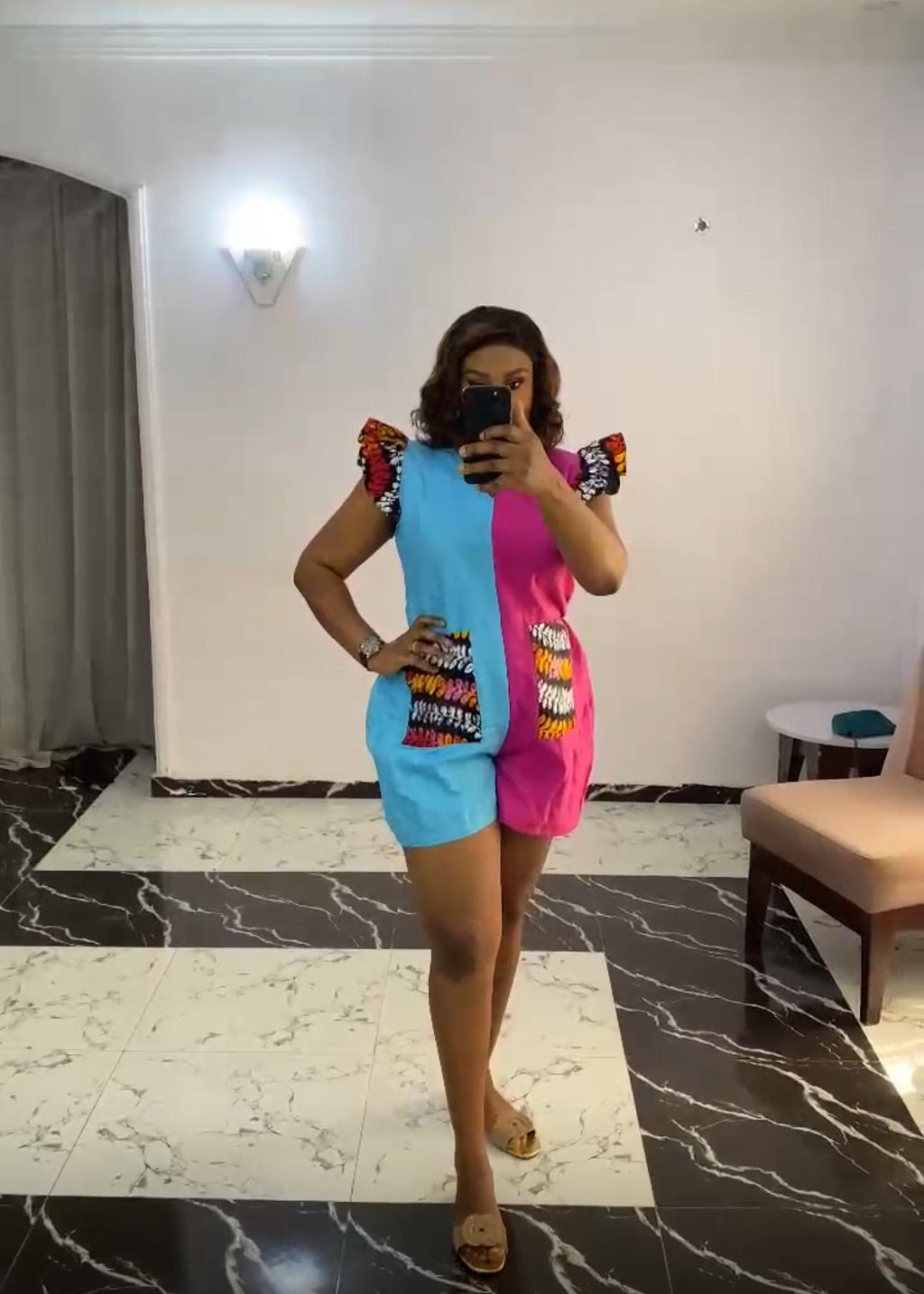 Linen colorful playsuit with Ankara patch - Summer Outfit