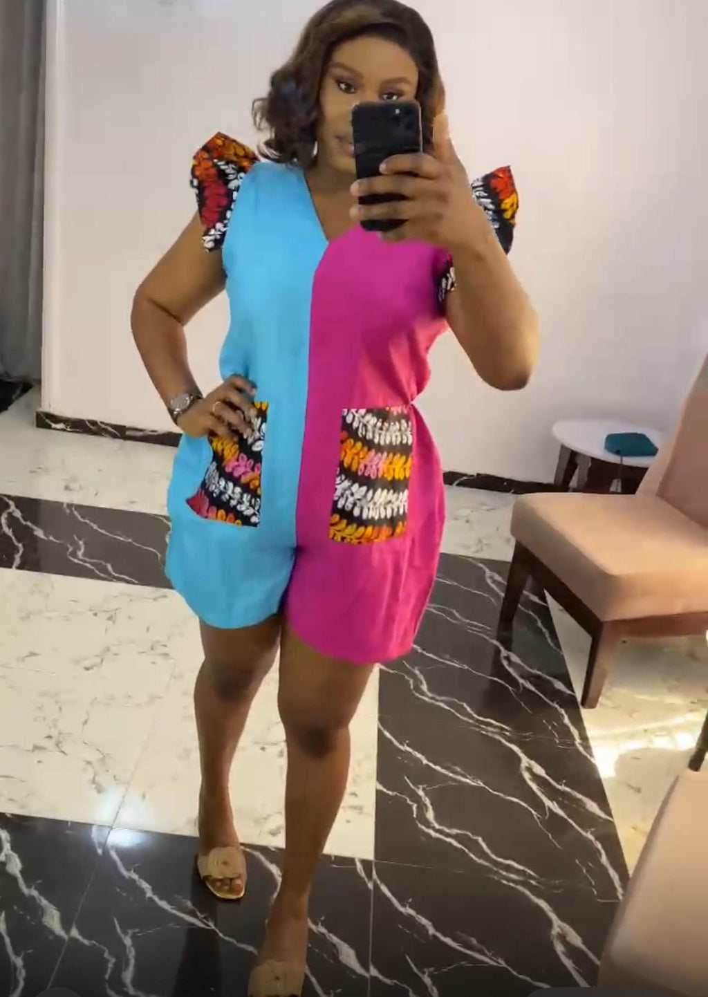 Linen colorful playsuit with Ankara patch - Summer Outfit