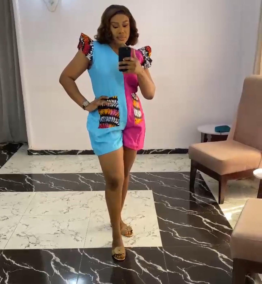 Linen colorful playsuit with Ankara patch - Summer Outfit
