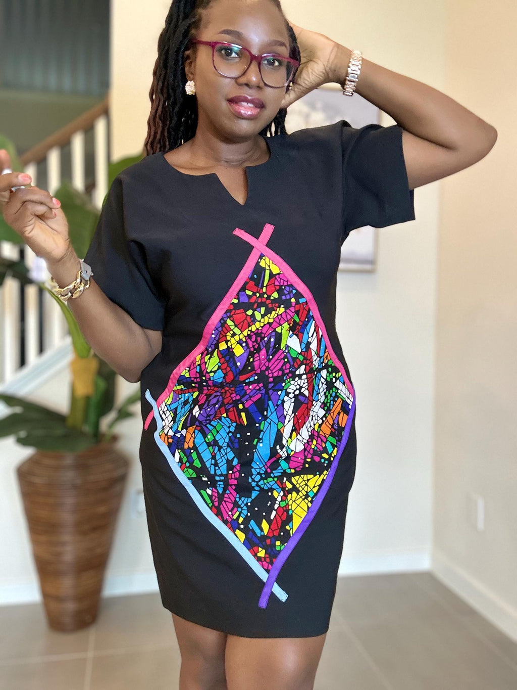 Crepe Shift Dress with Ankara Patch - African Clothing