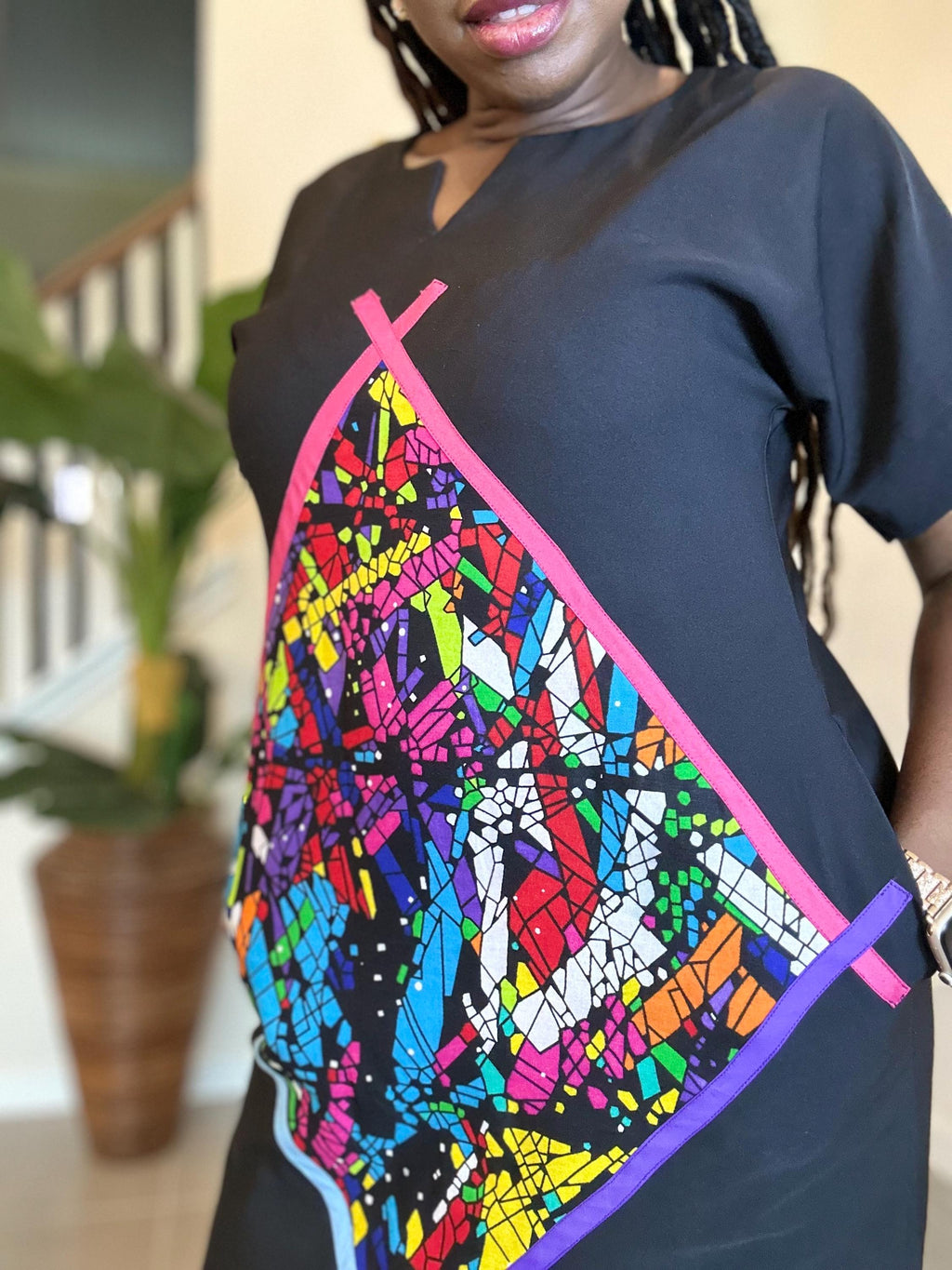 Crepe Shift Dress with Ankara Patch - African Clothing