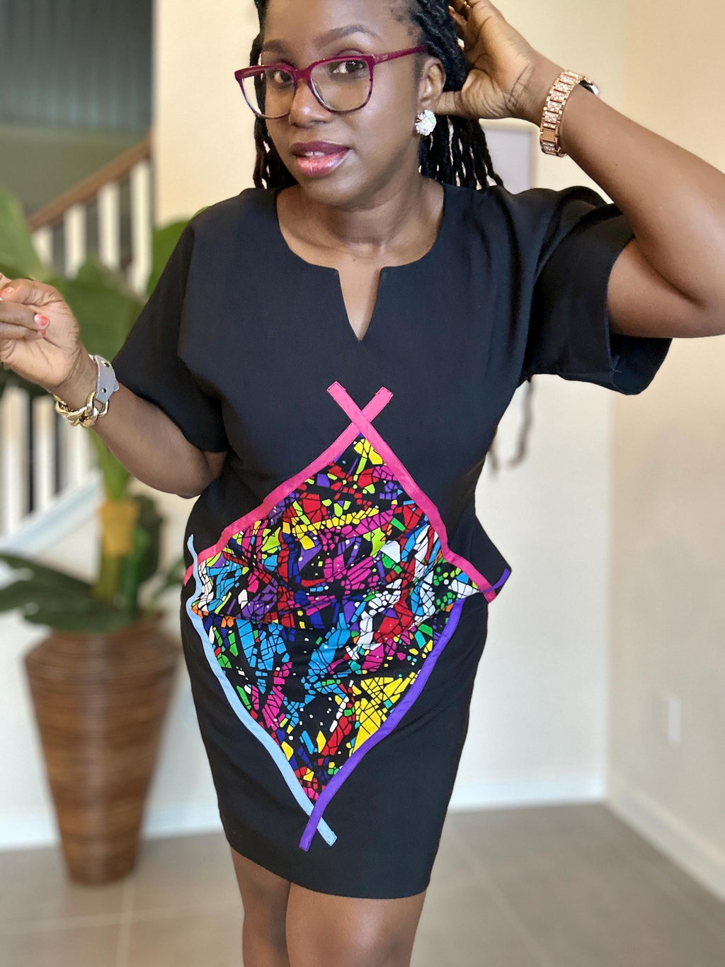 Crepe Shift Dress with Ankara Patch - African Clothing