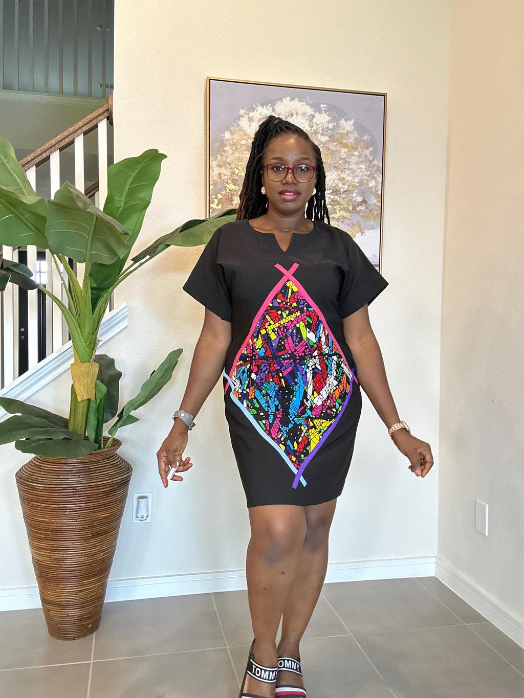 Crepe Shift Dress with Ankara Patch - African Clothing