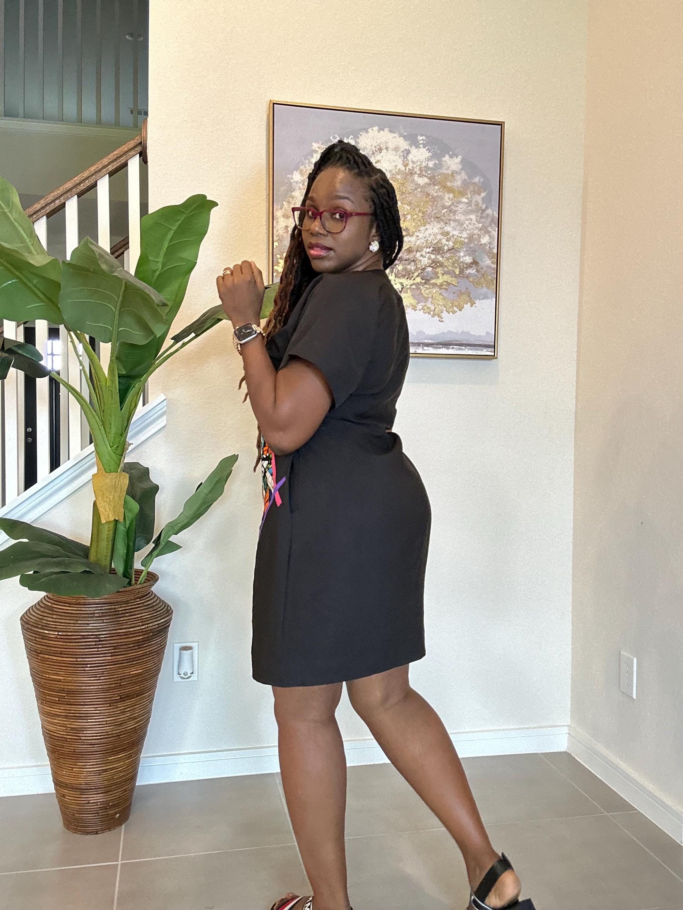 Crepe Shift Dress with Ankara Patch - African Clothing