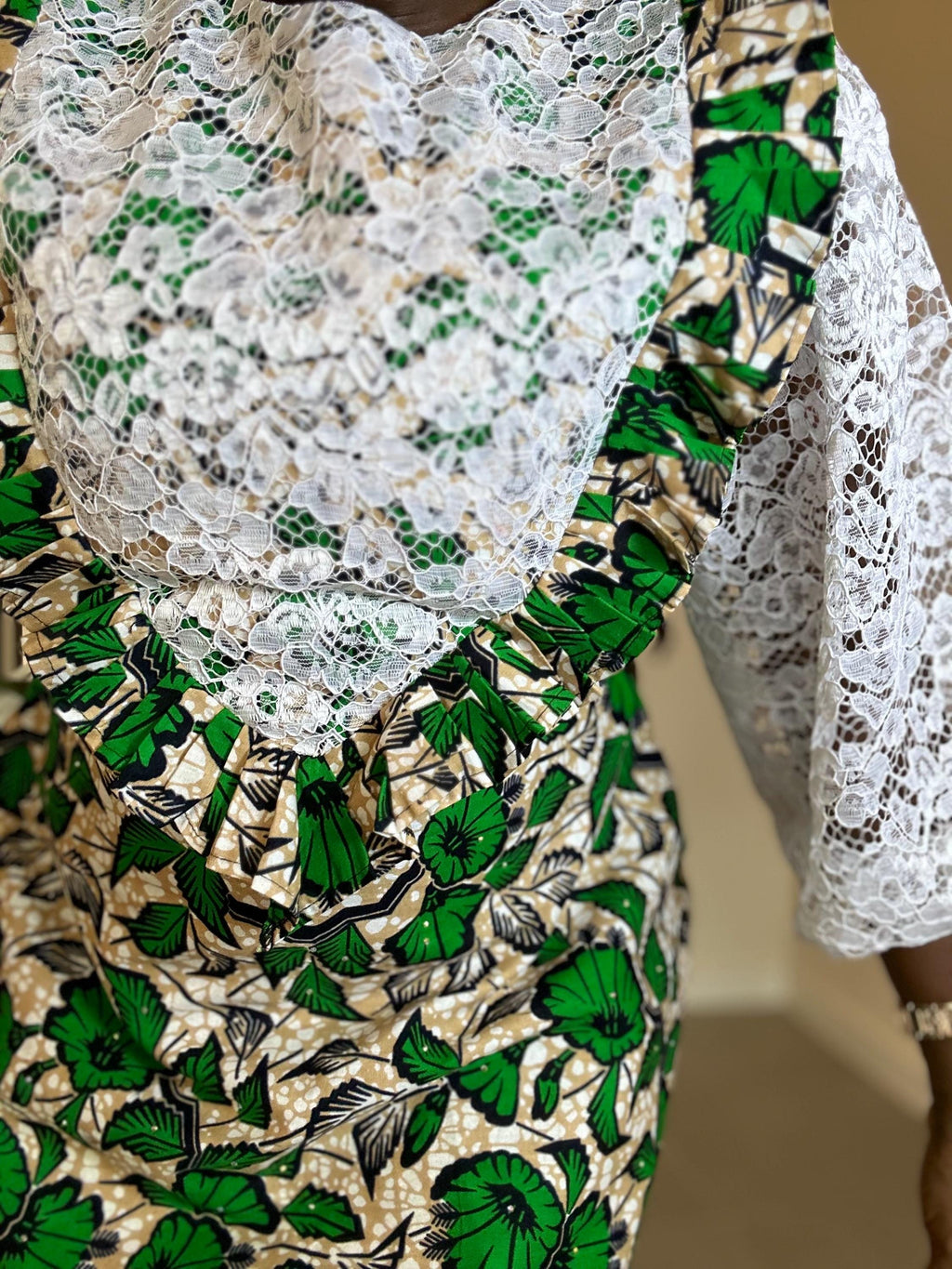 Short Ankara Dress with White Lace: African Print Cotton A-Line