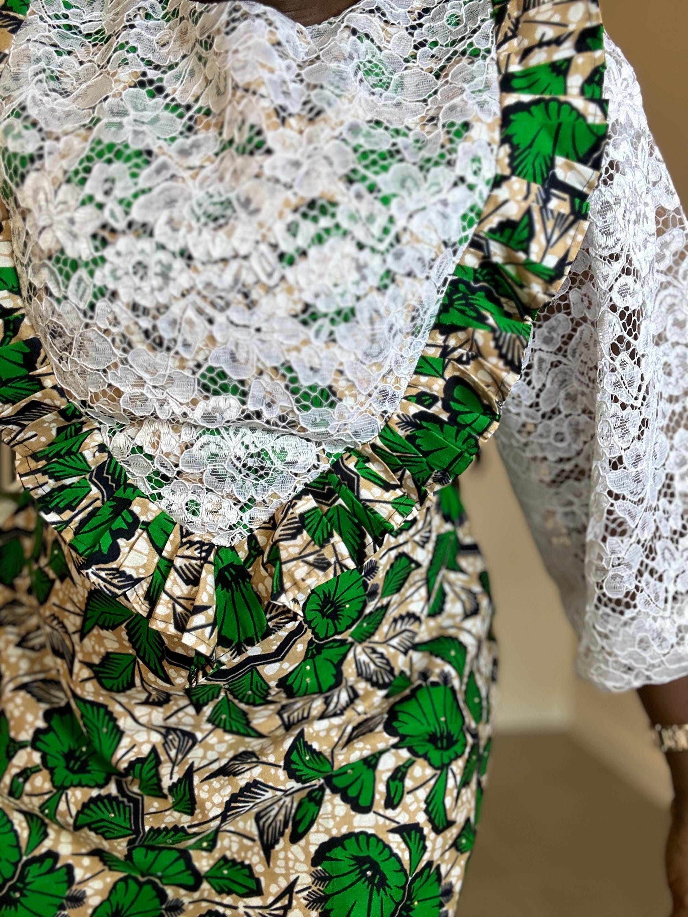 Short Ankara Dress with White Lace: African Print Cotton A-Line